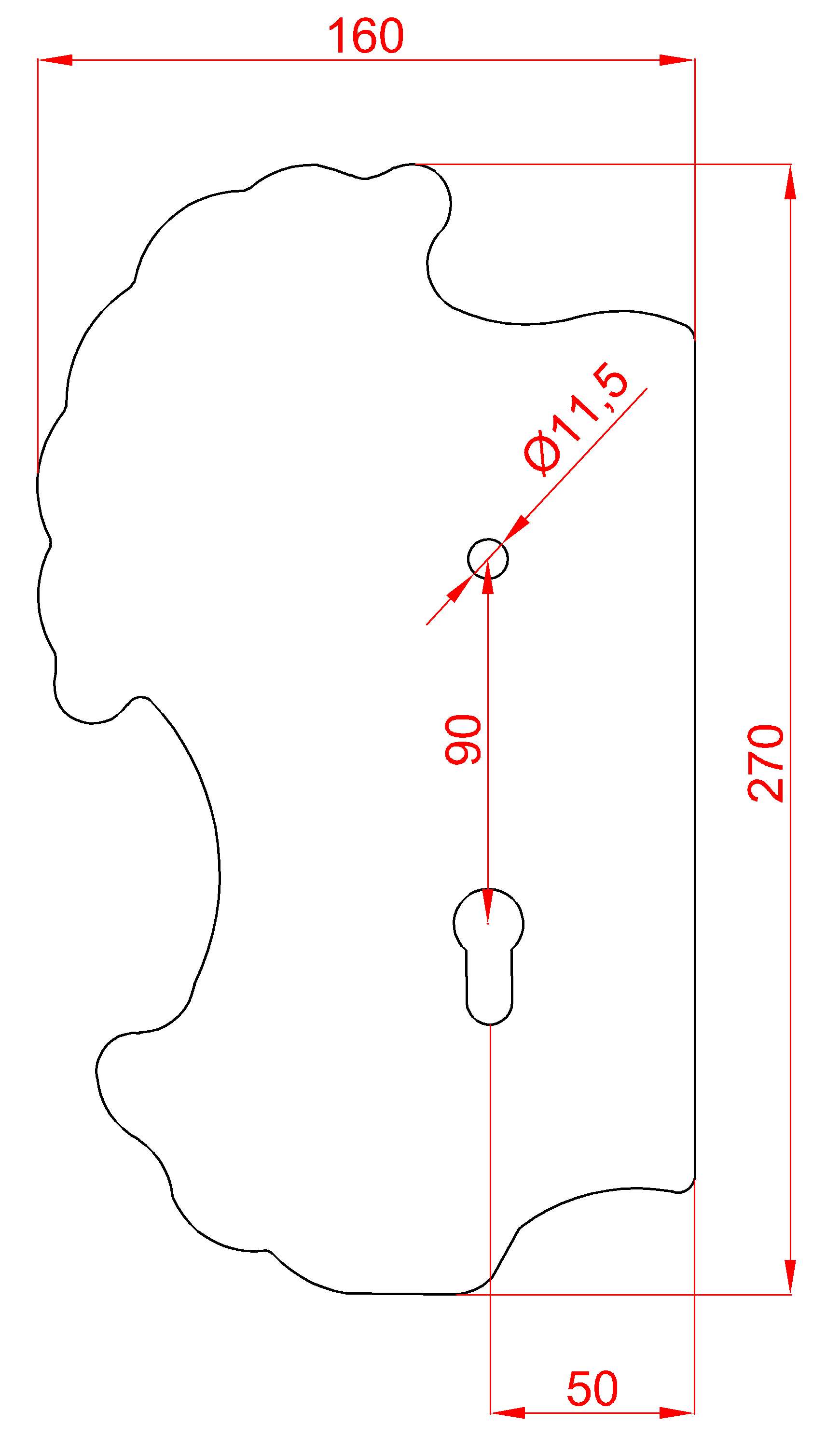 Štít 270x160x3mm, rozteč 90mm, levý, pro zámek ZM90/80