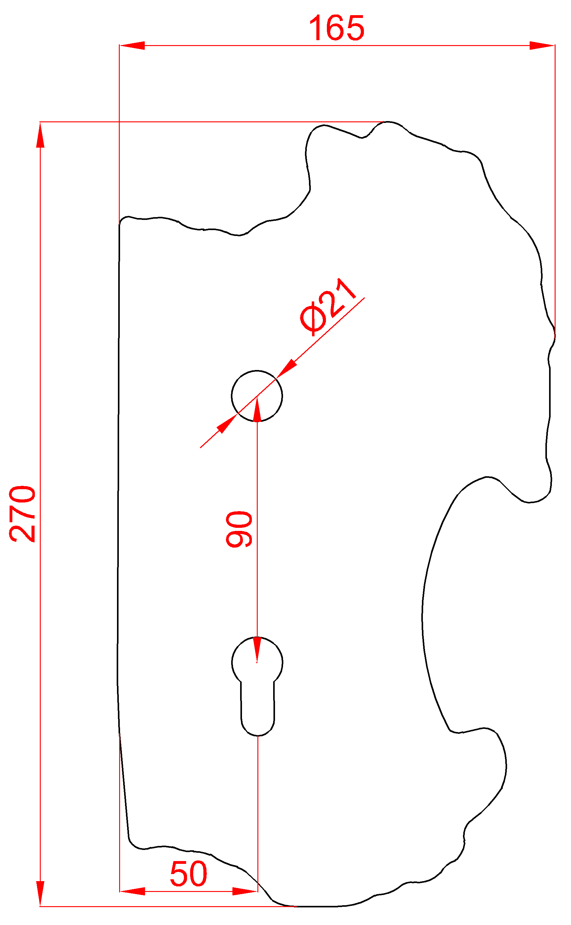 Štít 270x165x2mm s otvory, rozteč 90mm, otvor pro kliku ø 21mm, zdobený, levý, pro zámek ZM90/80