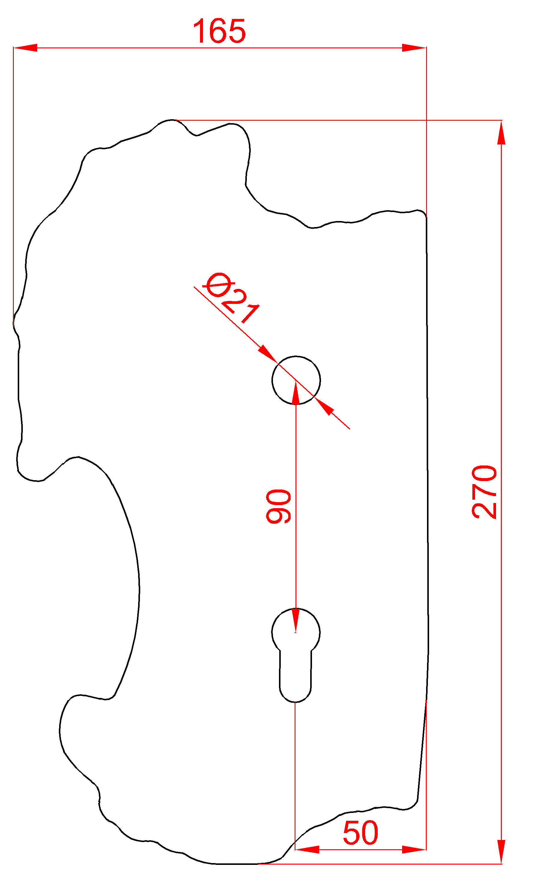 Štít 270x165x2mm s otvory, rozteč 90mm, otvor na kliku ø 21mm, zdobený, pravý, pro zámek ZM90/80