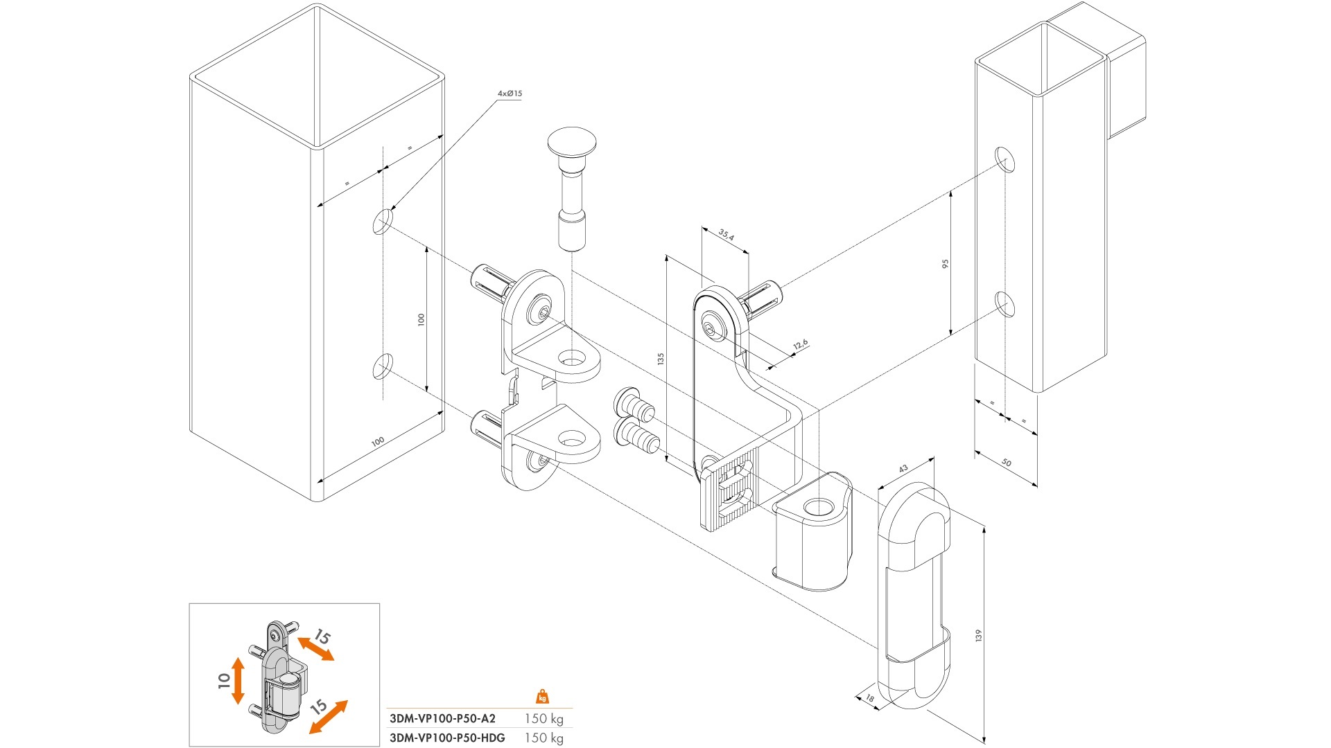 LOCINOX® závěs 180° nastavitelný 3D (x-15mm, y-10mm, z-15mm), nerezová ocel