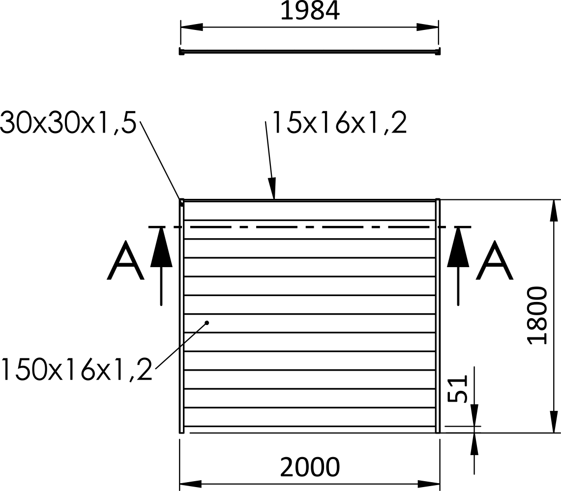Plotové pole, hliníkové (U profil), šířkově nastavitelné, 2000 x 1800 mm