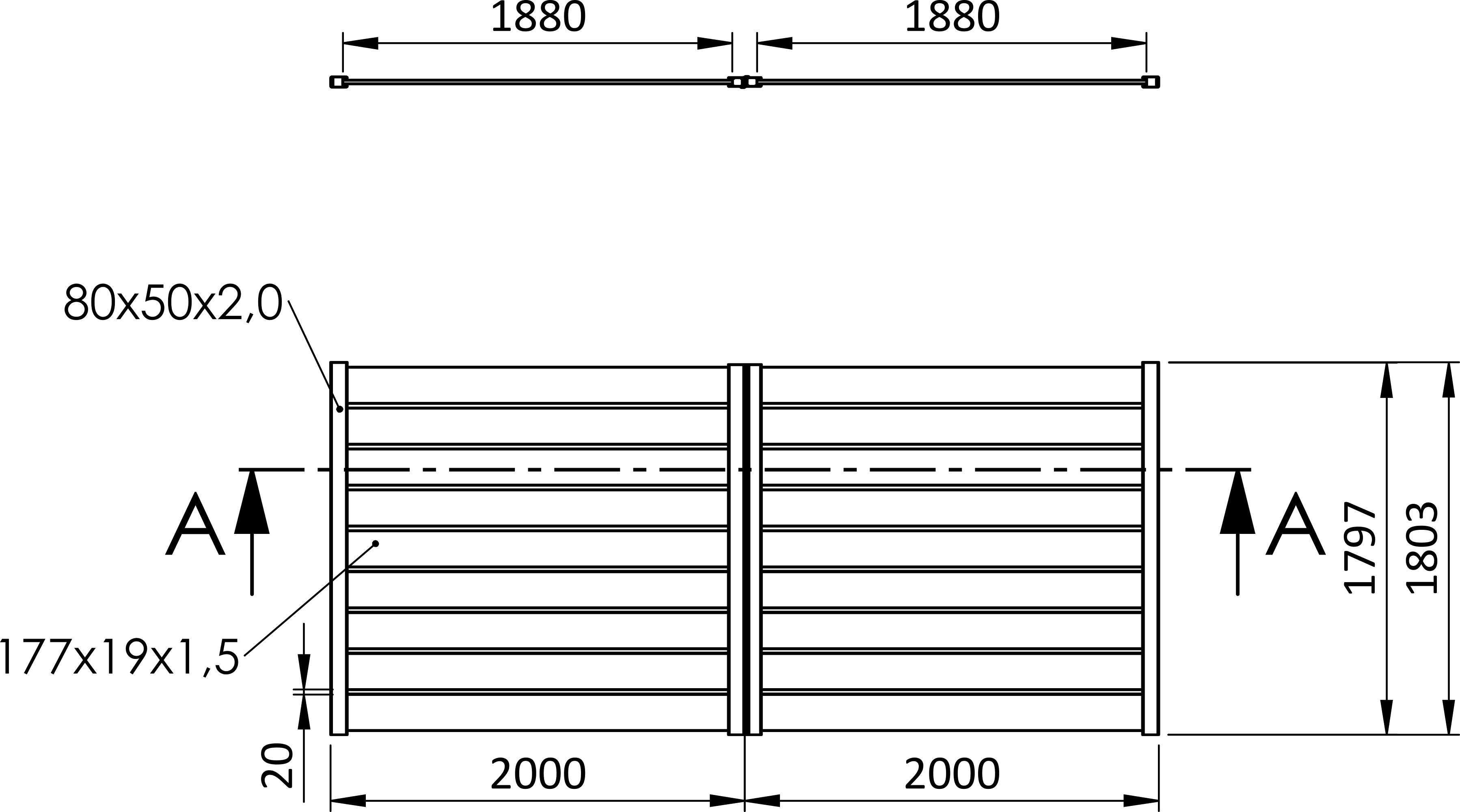 Křídlová brána, hliníková, šířkově nastavitelná, 4000 x 1803 mm