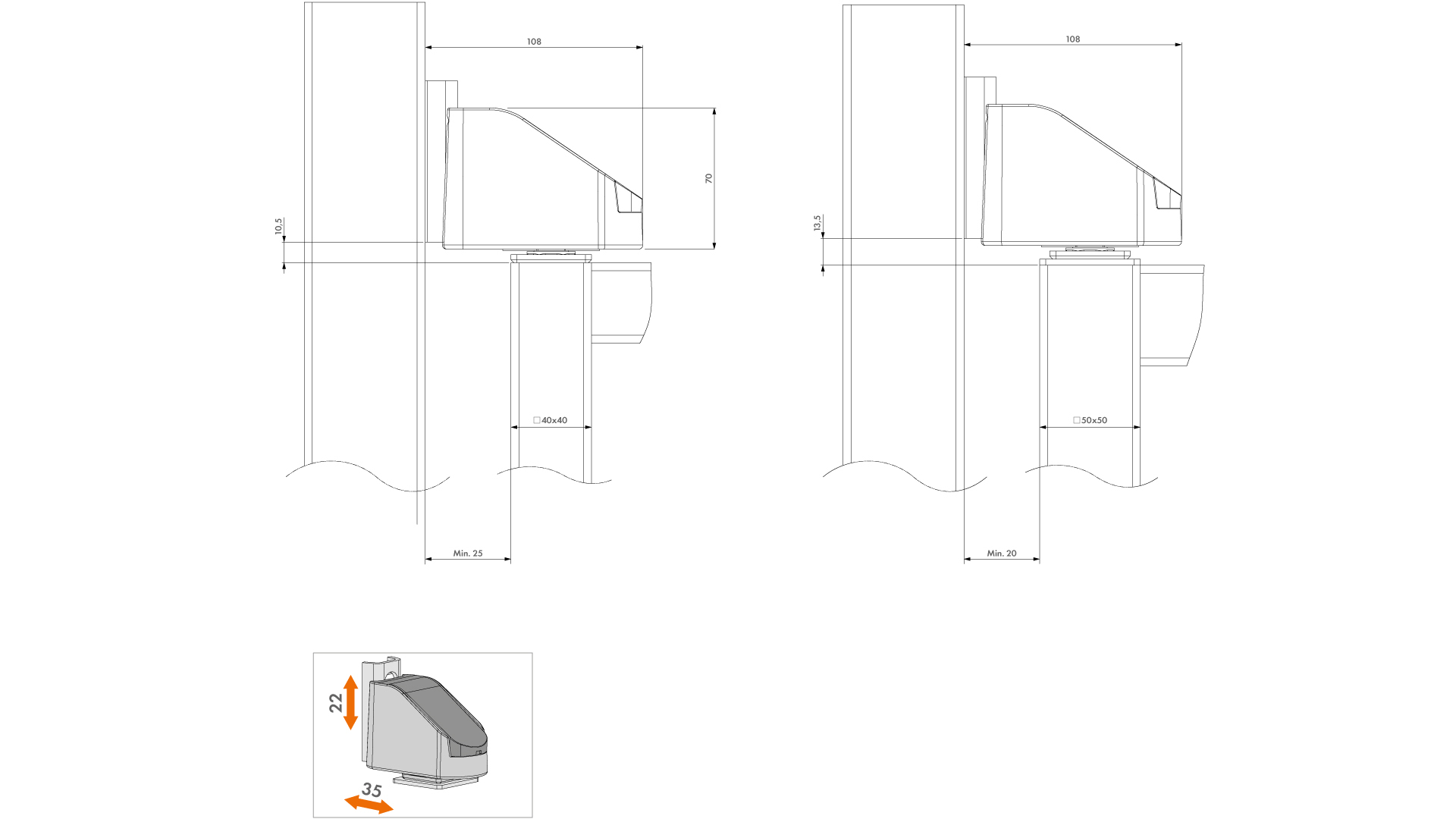 LOCINOX® BEARING HINGE bezúdržbový ložiskový osový pant, otevíratelný 90°, nastavitelný 2D, kryt z nerezové oceli
