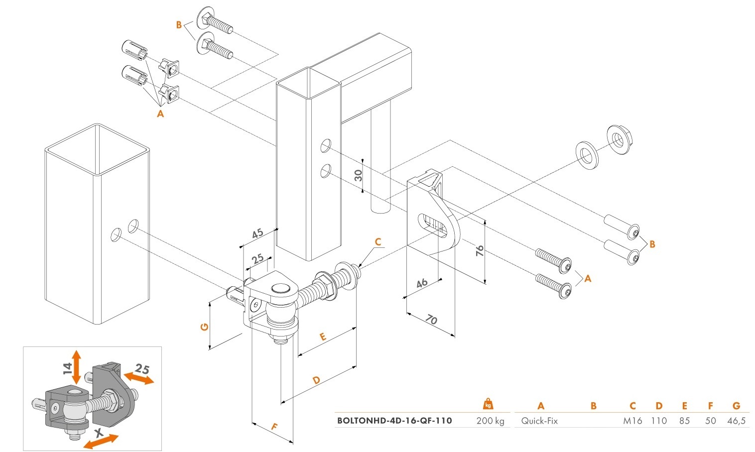 LOCINOX® BOLTON4D pant M16, otevíratelný 180°, nastavitelný 3D, částečně pozinkovaný, montáž šroubem Quick-fix