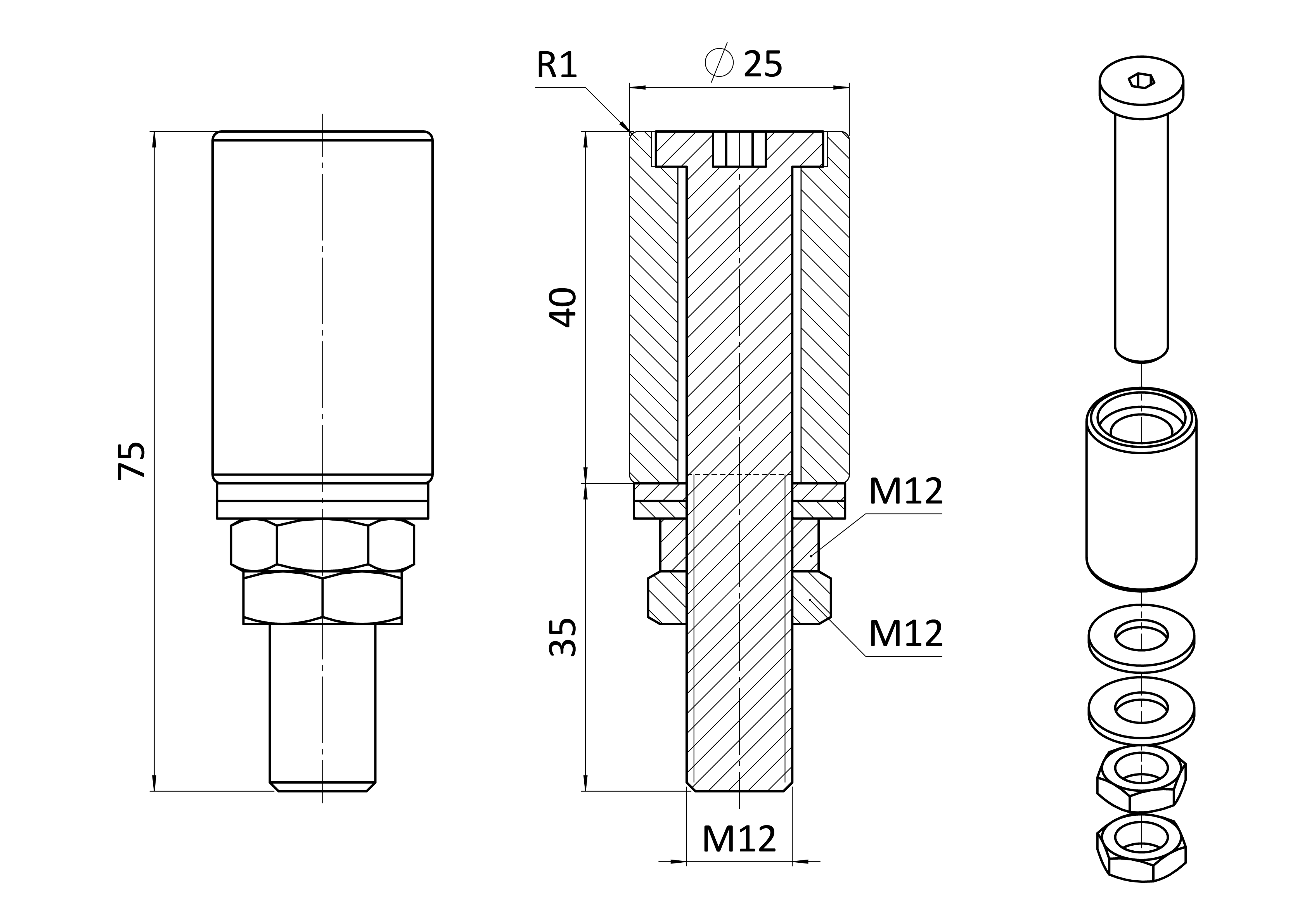 Polyamidový vodící váleček D-25mm, H-40mm, M12 pro horní vedení posuvných vrat