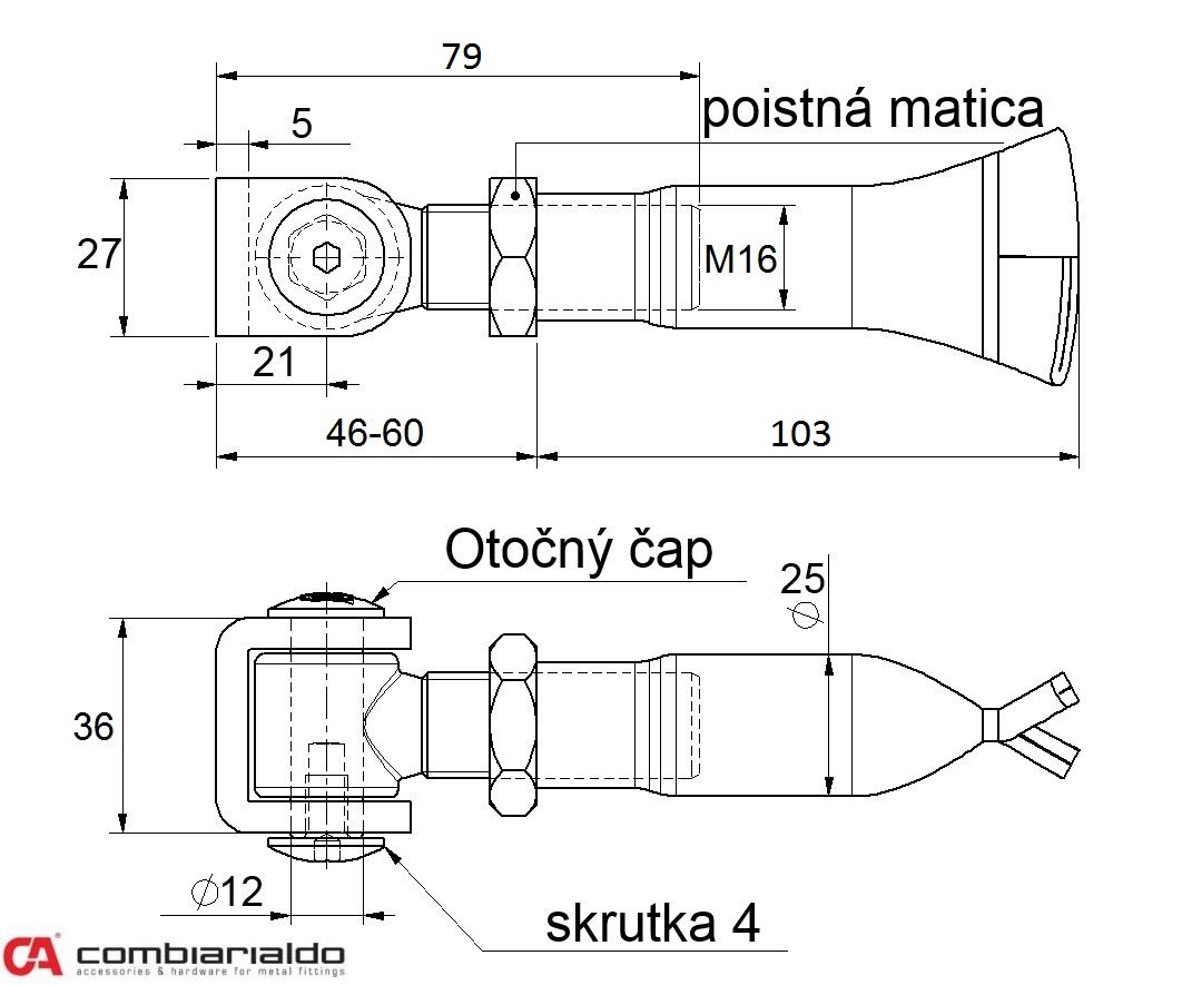 Combi Arialdo závěs M16 na chemickou kotvu, otevíratelný 90°, nastavitelný 1D s kontramaticí, částečně pozinkovaný