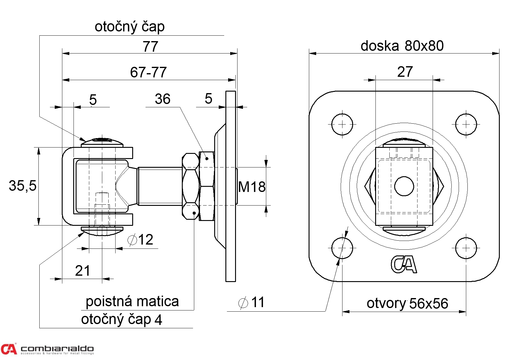 COMBI ARIALDO pant M18 s plotnou 80 x 80 mm, otevíratelný 90°, nastavitelný 1D, částečně pozinkovaný