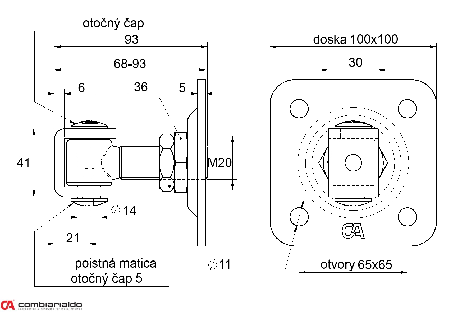 COMBI ARIALDO pant M20 s plotnou 100 x 100 mm, otevíratelný 90°, nastavitelný 1D, částečně pozinkovaný
