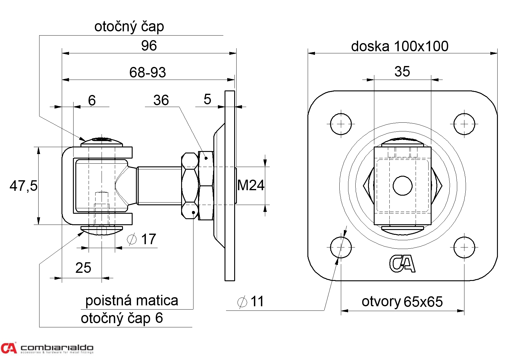COMBI ARIALDO pant M24 s plotnou 100 x 100 mm, otevíratelný 90°, nastavitelný 1D, částečně pozinkovaný