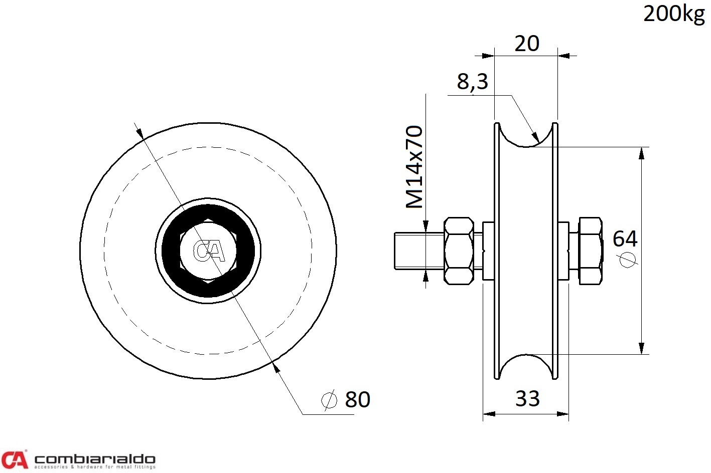 Kladka ø 80 mm se šroubem jednoložisková Combi Arialdo, C902/16 profil, nosnost 200 kg