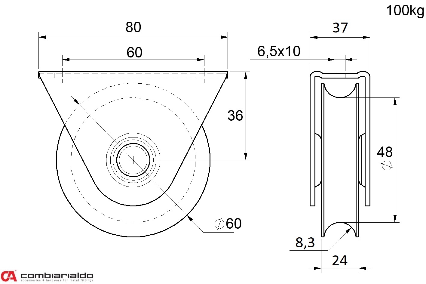 Kladka ø 60mm s oporou Combi Arialdo, profil C902/16, nosnost 100kg