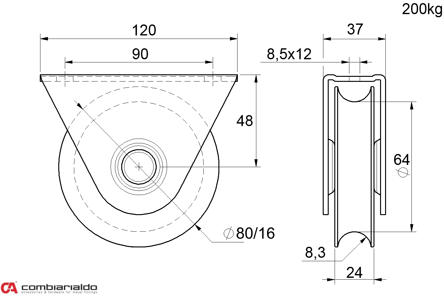 Kladka ø 80 mm s oporou Combi Arialdo, C902/16 profil, nosnost 200 kg