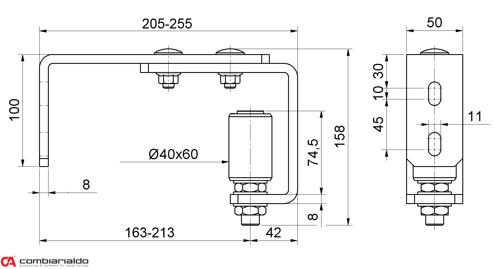 Horní vedení brány Combi Arialdo s nylonovou kladkou 40 x 60 mm