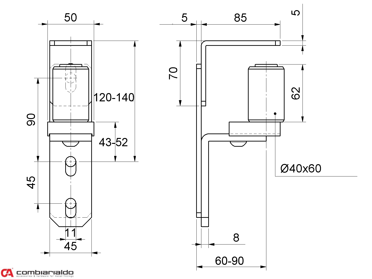 Horní vedení brány Combi Arialdo s nylonovou kladkou 40 x 60 mm