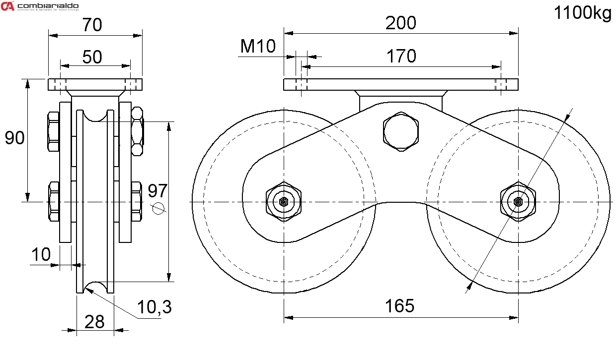 Kladka ø 120 mm dvojitá Combi Arialdo, C902/20 profil, nosnost 1100 kg Zn