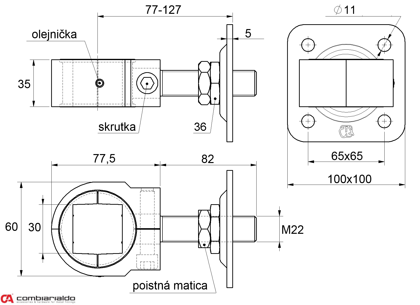 Závěs stavitelný na upnutí čtyřhranu 30 mm, plotna 100 x 100 mm