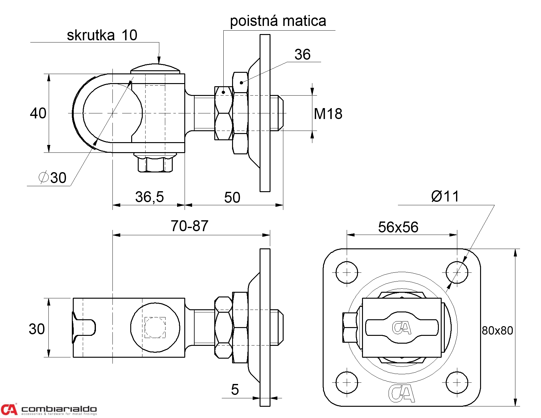 Závěs M18 s plotnou 80 x 80 mm