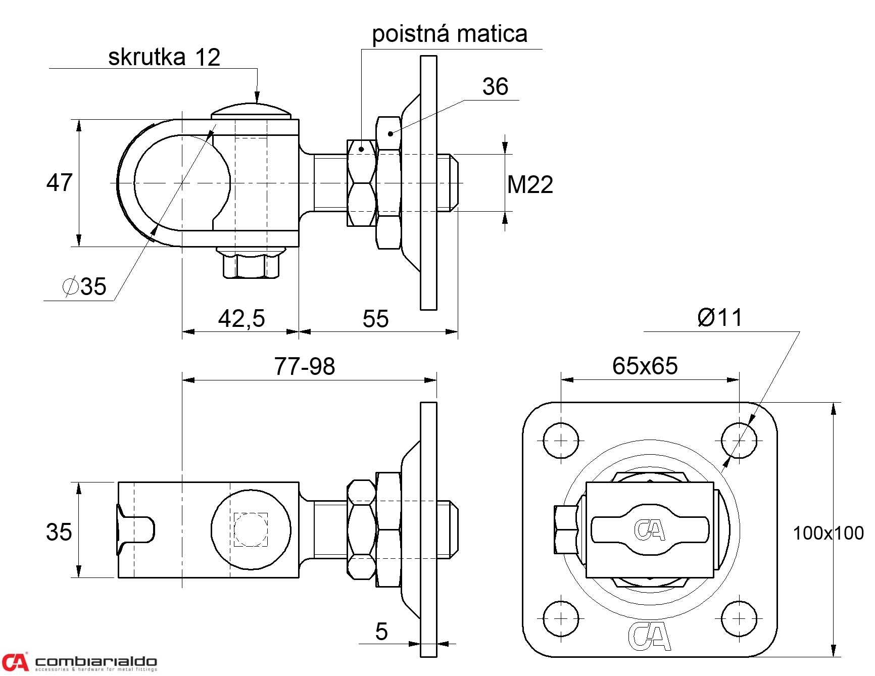 Závěs M22 s plotnou 100 x 100 mm