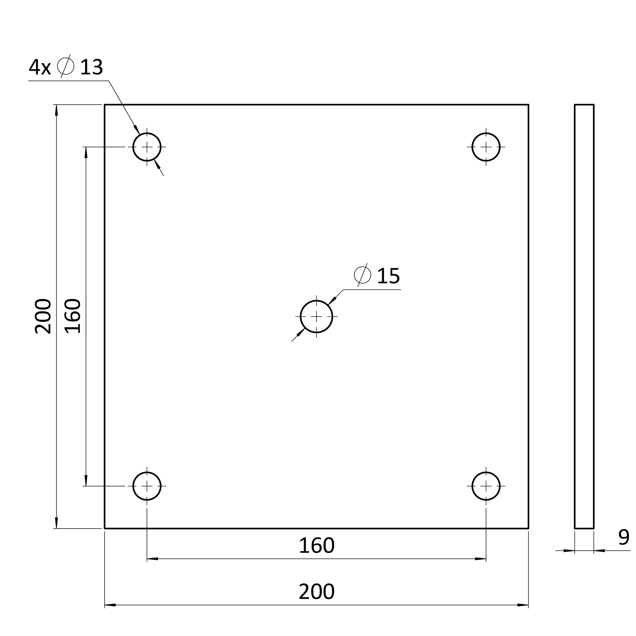 Plotna 200x200x9mm s otvormi 13mm, bez povrchový úpravy