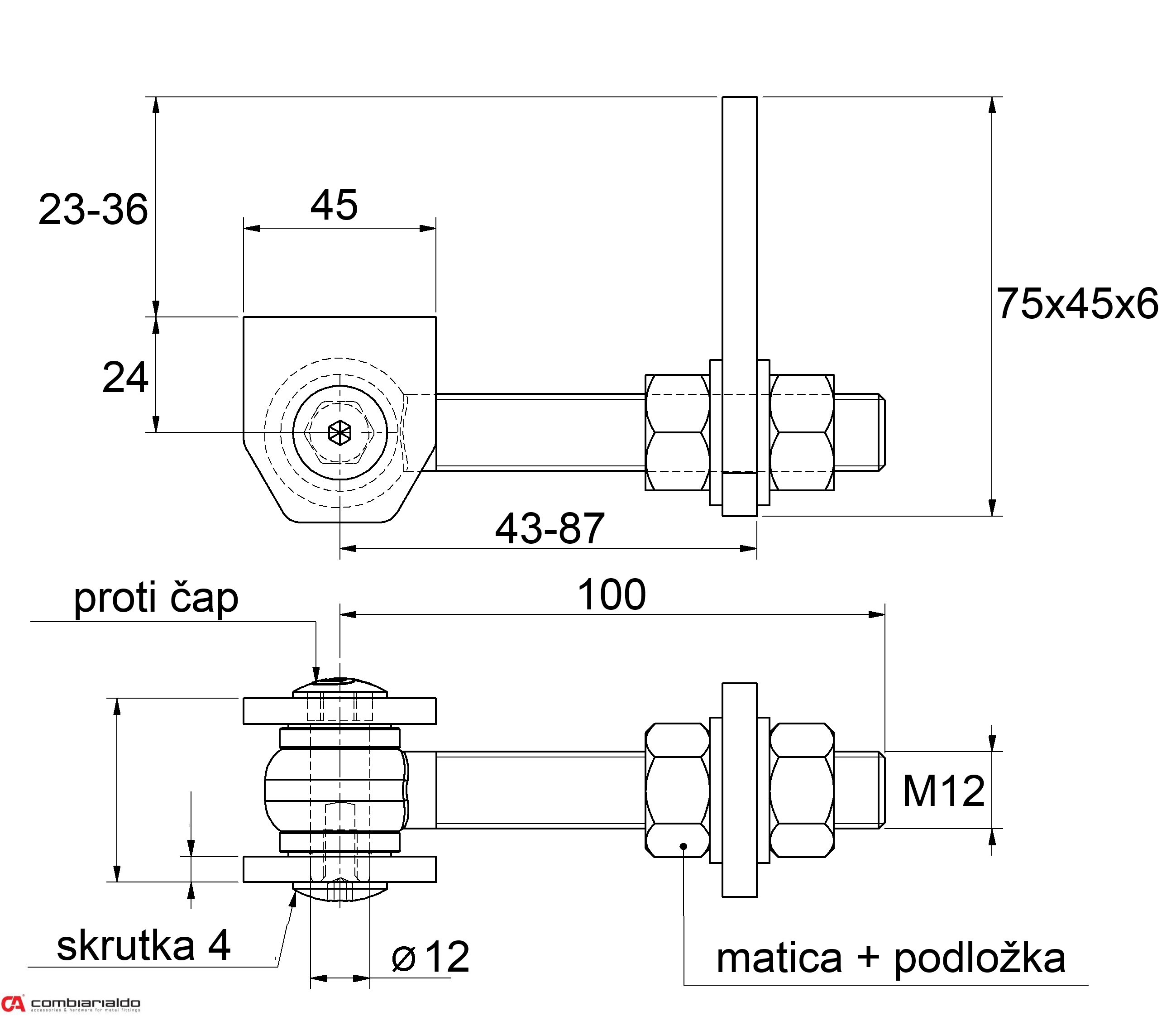 Combi Arialdo Navařovací pant M12, otevíratelný 180°, nastavitelný 2D, částečně pozinkovaný