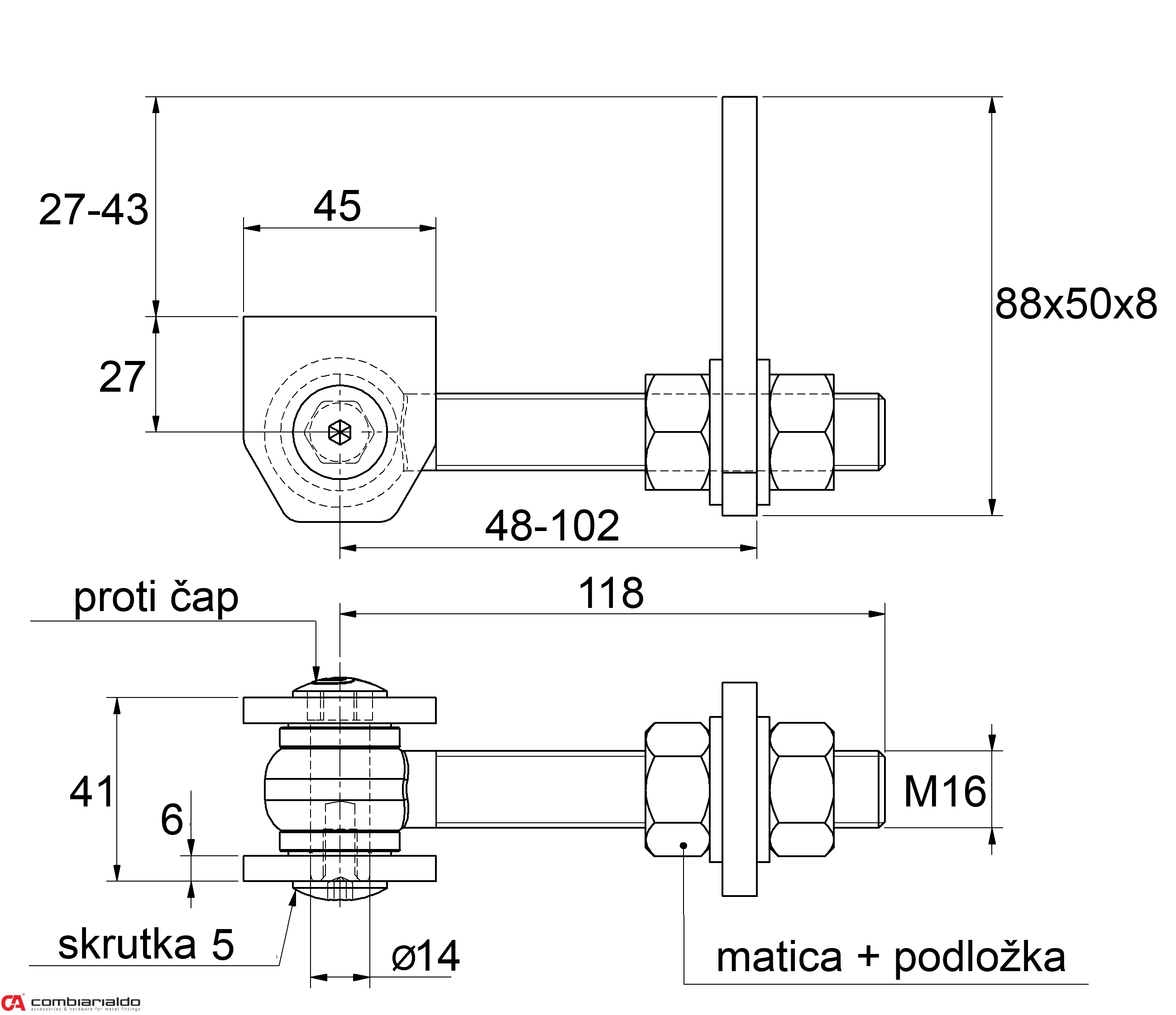 Combi Arialdo Navařovací pant M16, otevíratelný 180°, nastavitelný 2D, částečně pozinkovaný