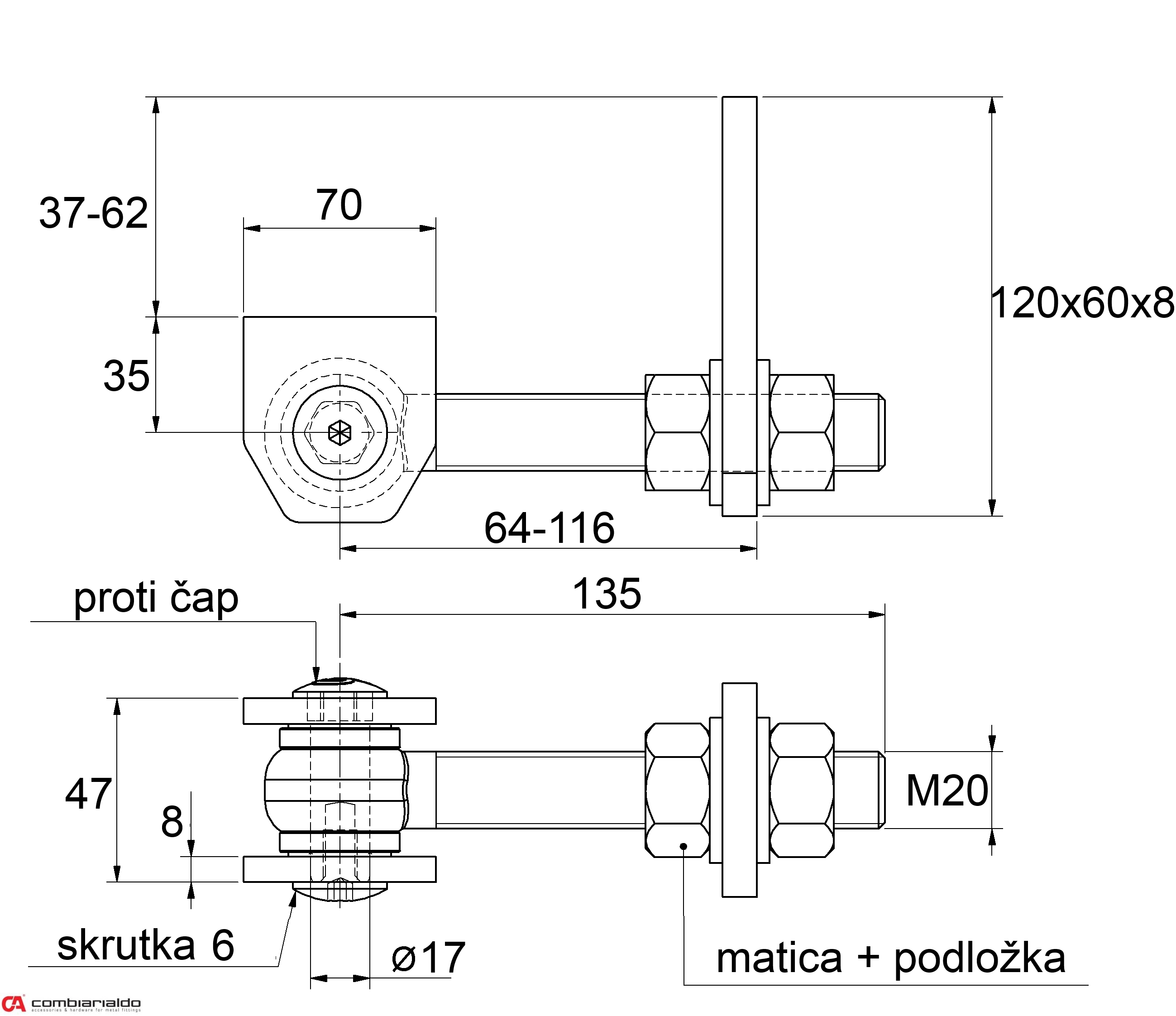 Combi Arialdo Navařovací pant M20, otevíratelný 180°, nastavitelný 2D, částečně pozinkovaný