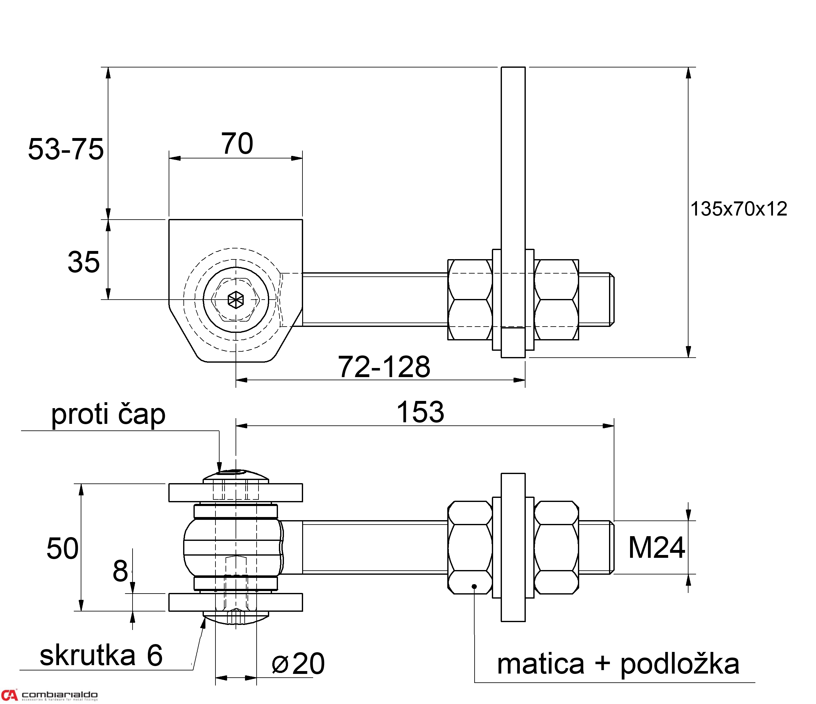 Combi Arialdo Navařovací pant M24, otevíratelný 180°, nastavitelný 2D, částečně pozinkovaný