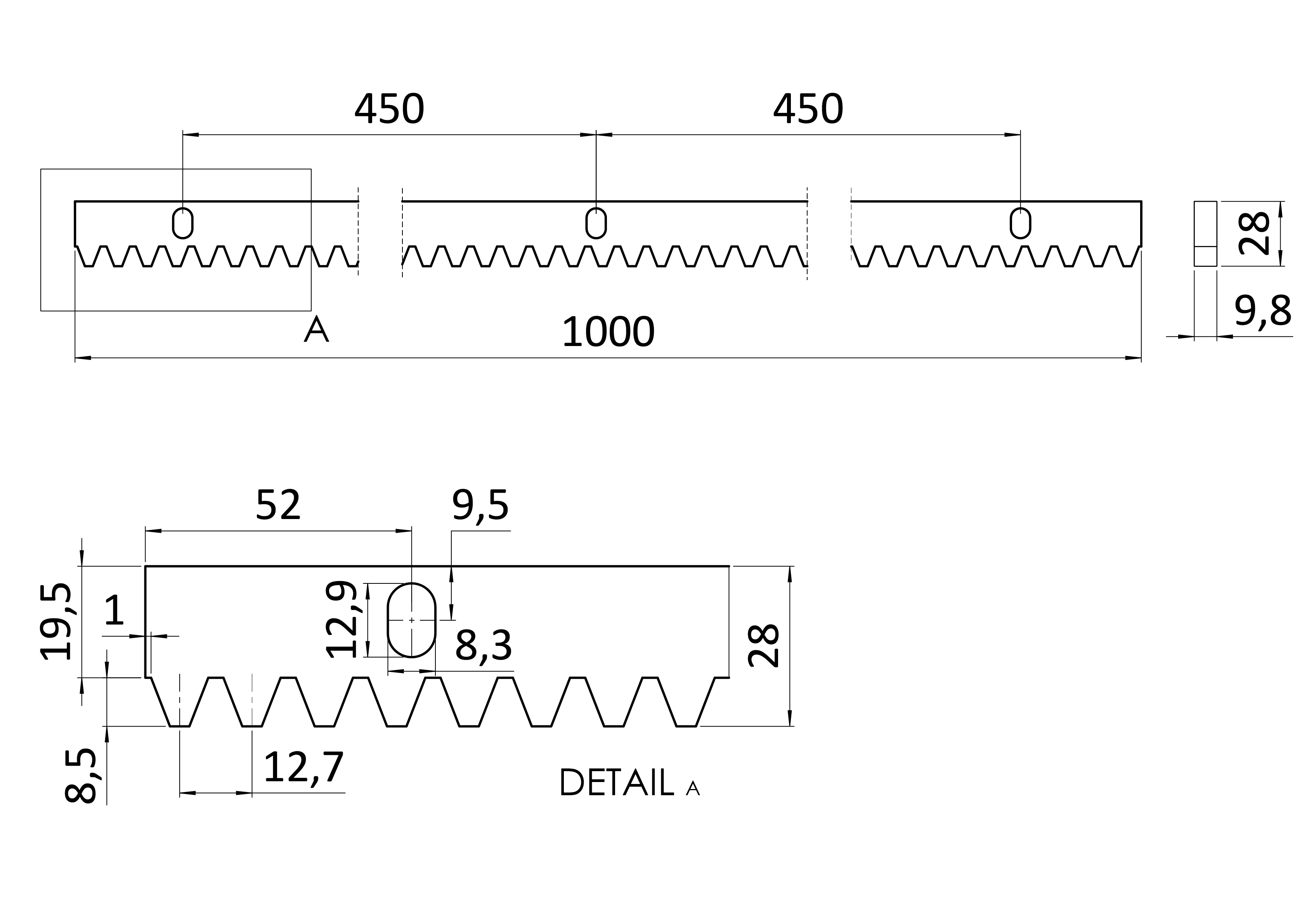 Hřeben INOX 30 x 10 mm, L = 1000 mm, M4, max. do 1900 kg, 3 x úchyt + šrouby, nerezový