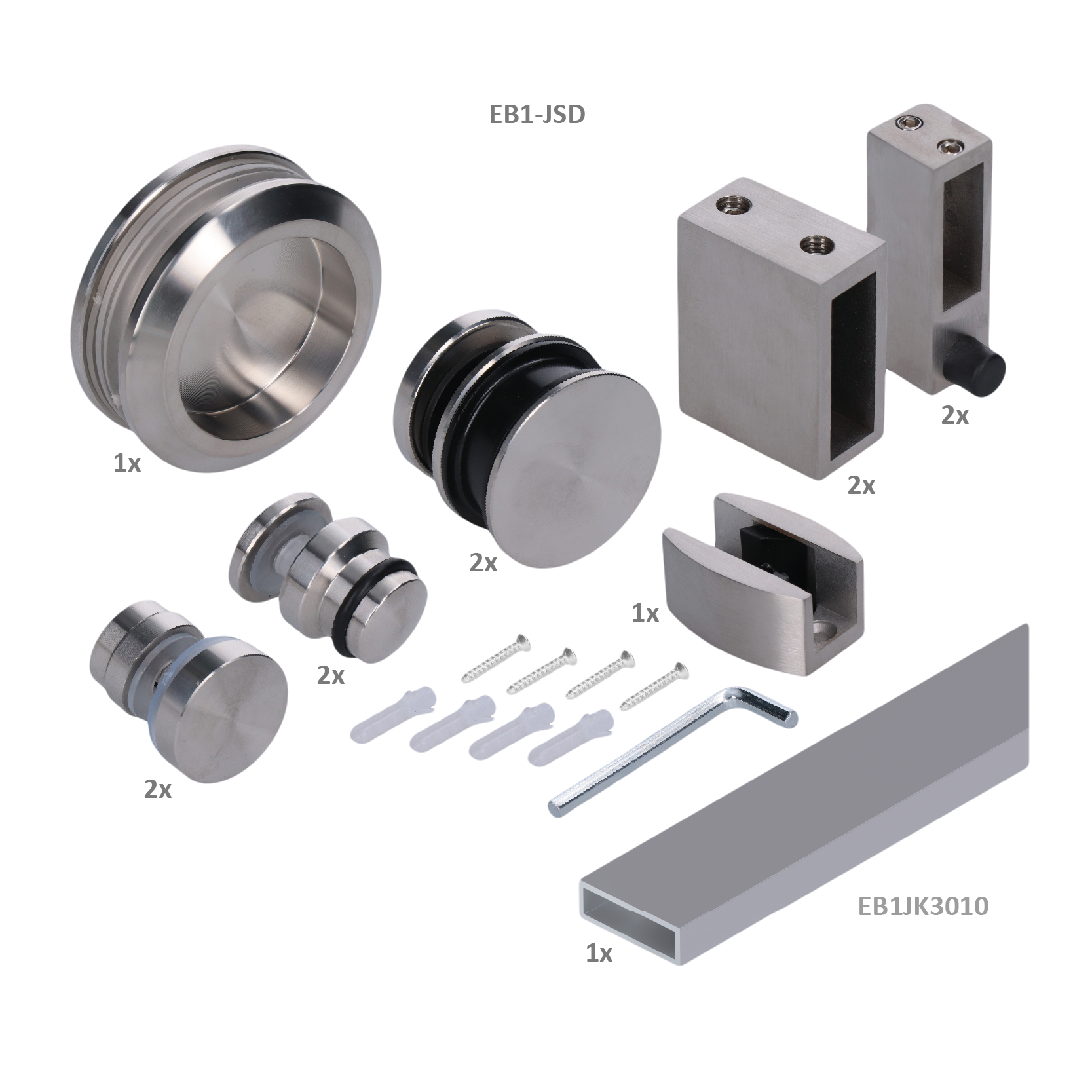 Závěsný set na skleněné dveře, profil 30 x 10 mm, AISI 304