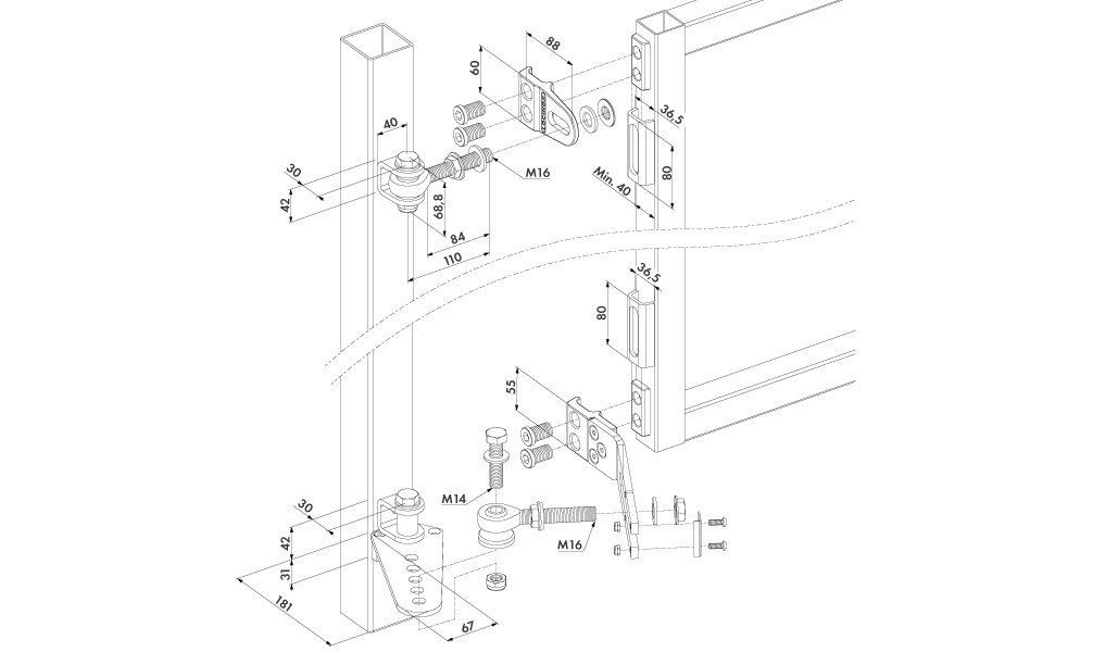 LOCINOX® EXCENTRO set Navařovacích pantů M16, otevíratelné 180° do svahu, nastavitelné 3D, pozink