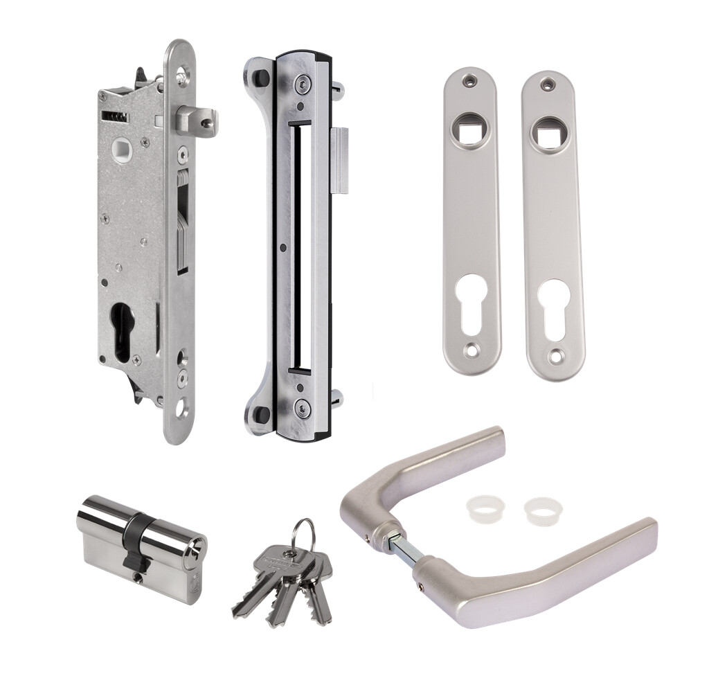 LOCINOX® sada FIFTYSET pro zamykání křídlové branky (štítek, doraz, cylindrická vložka, klika), pro profil 50x40 mm