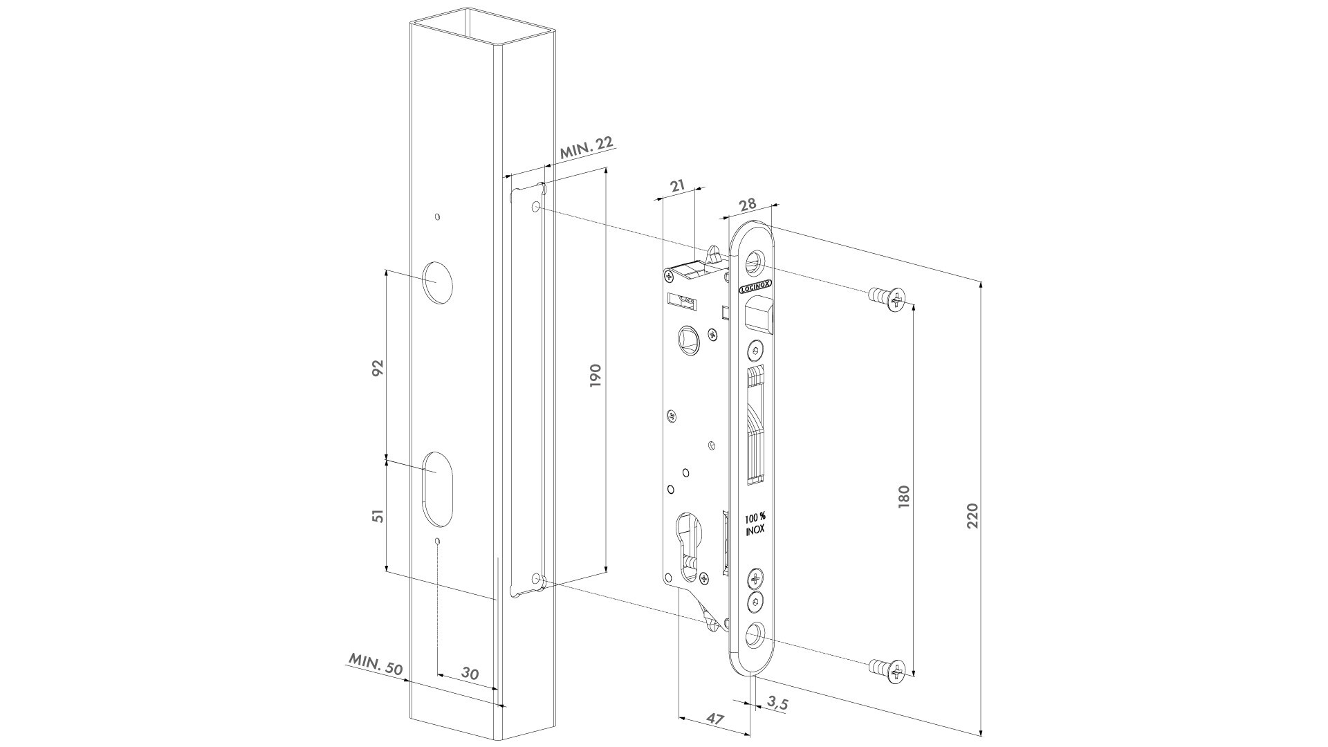 LOCINOX® sada FIFTYSET pro zamykání křídlové branky (štítek, doraz, cylindrická vložka, klika), pro profil 50x40 mm