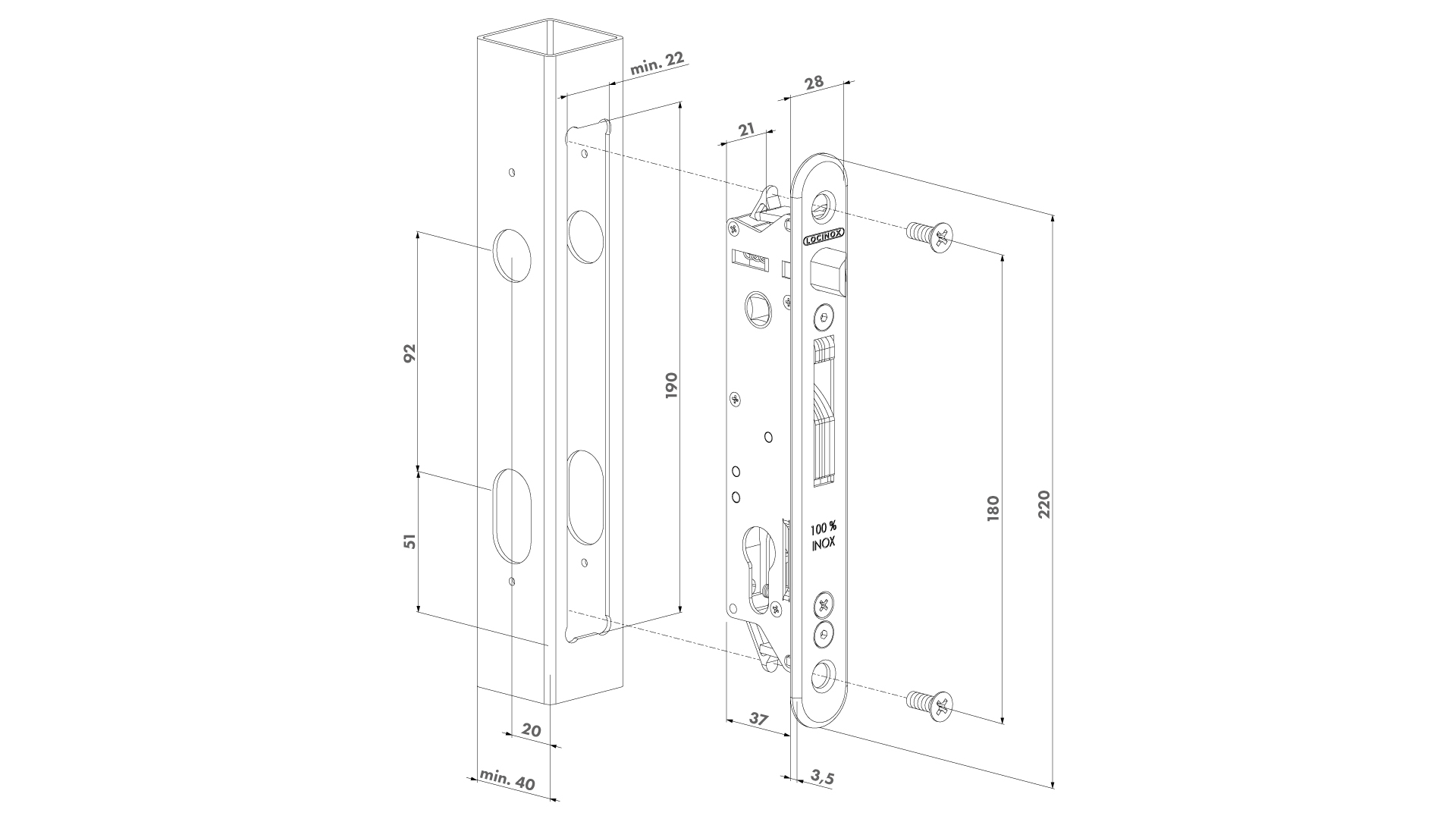 LOCINOX®  sada FORTYSET na zamykání křídlové branky (štítek, doraz, cylindrická vložka, klika), pro profil 40x40 mm