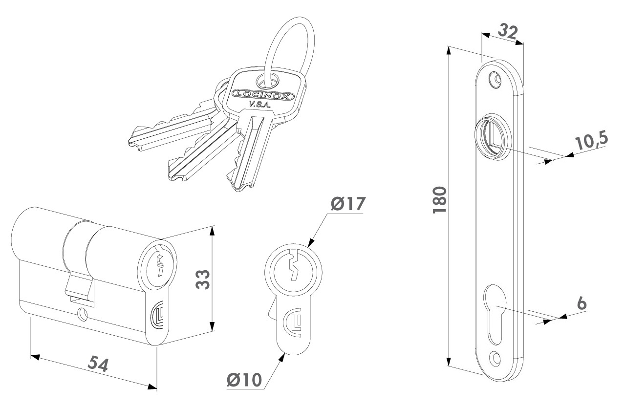 LOCINOX®  sada FORTYSET na zamykání křídlové branky (štítek, doraz, cylindrická vložka, klika), pro profil 40x40 mm