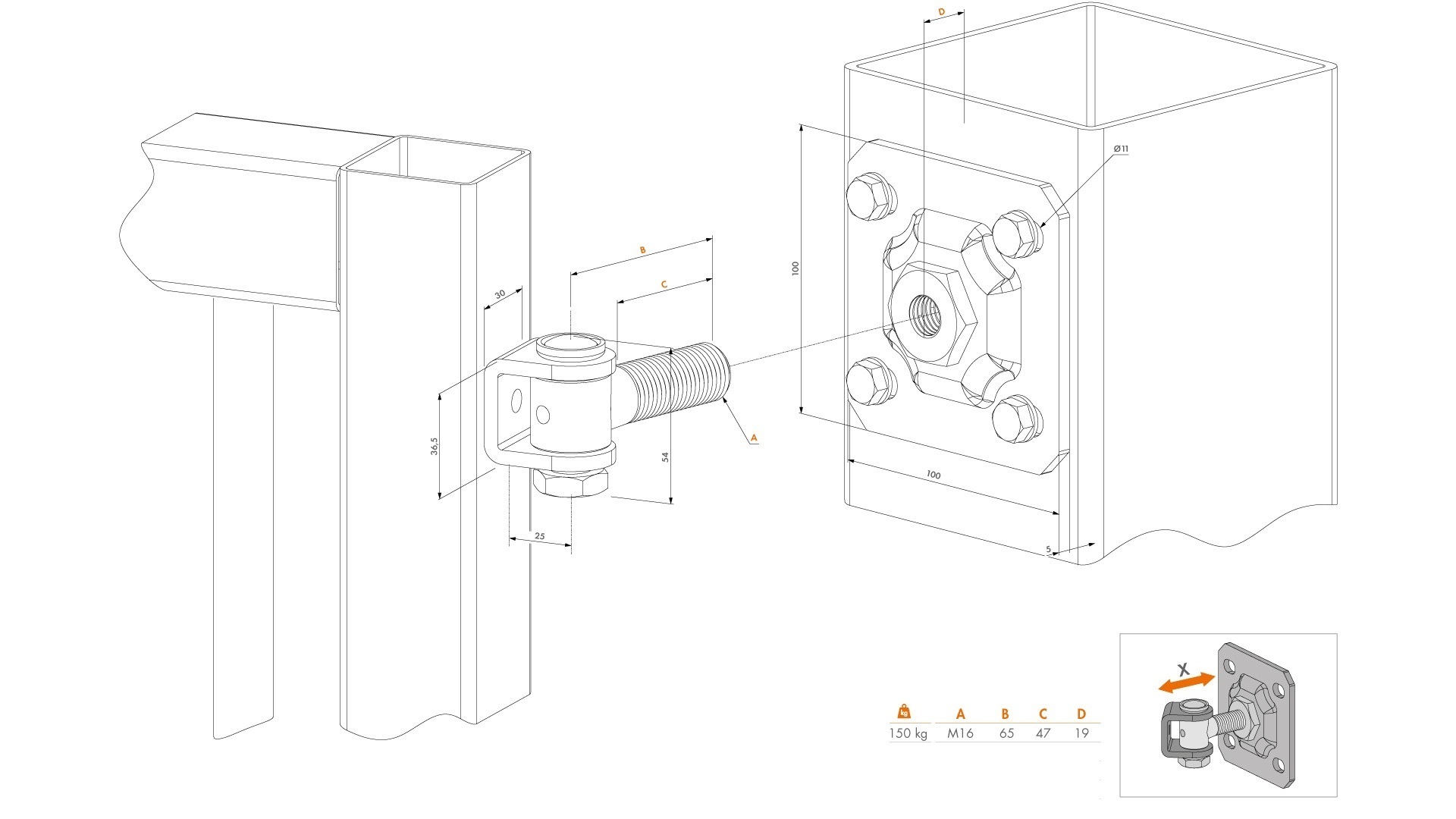 LOCINOX® G90WP-B pant M16 s plotnou 100 x 100 mm, otevíratelný 90°, nastavitelný 1D, částečně pozinkován