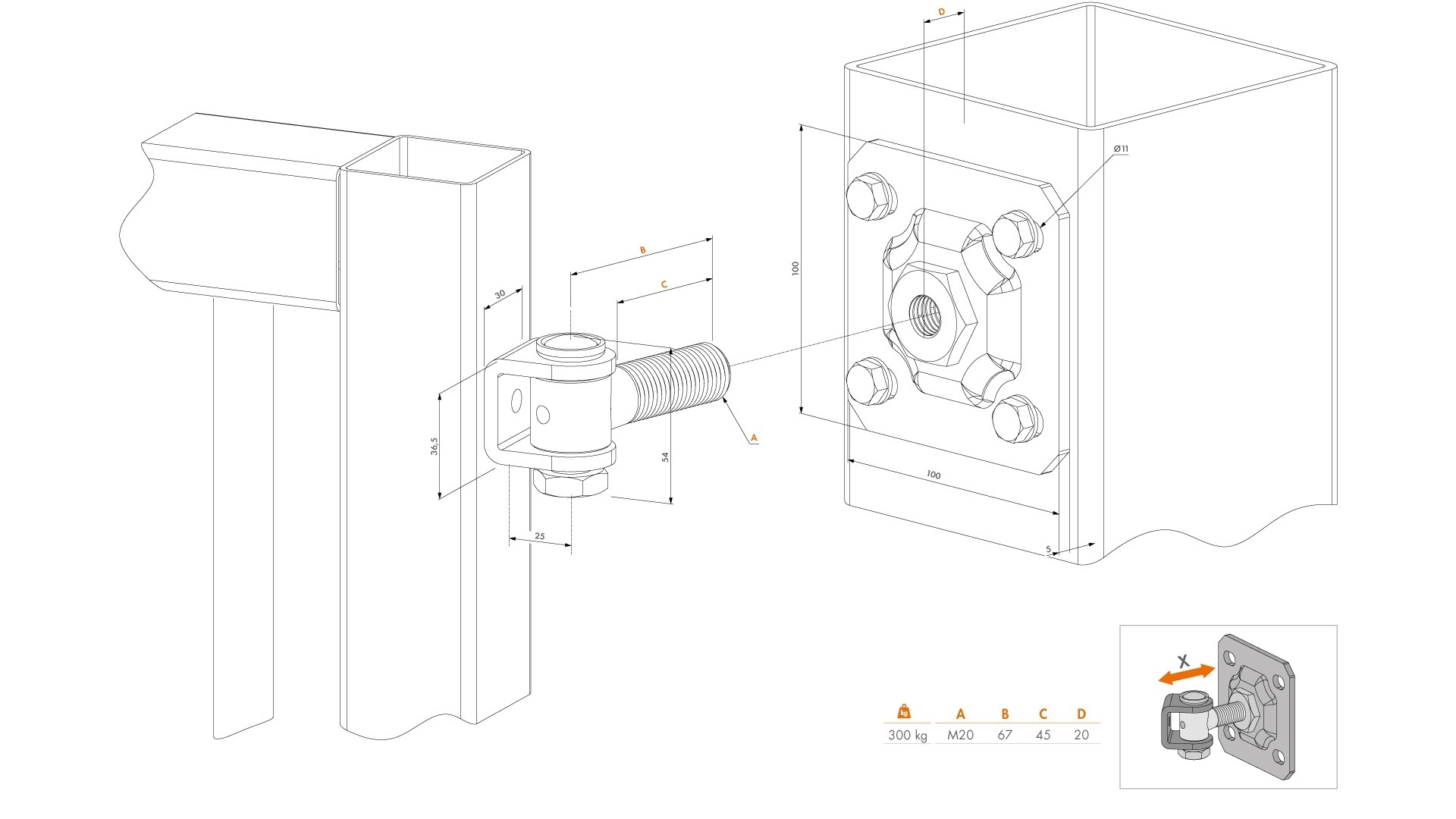 LOCINOX® G90WP-B pant M20 s plotnou 100 x 100 mm, otevíratelný 90°, nastavitelný 1D, částečně pozinkován