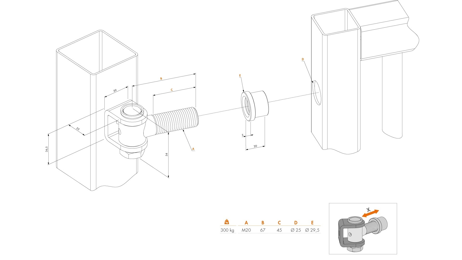 LOCINOX® Navařovací pánt G90Z-B, 90° otevíratelný, nastavitelný, závit M20 zvýšená bezbečnost