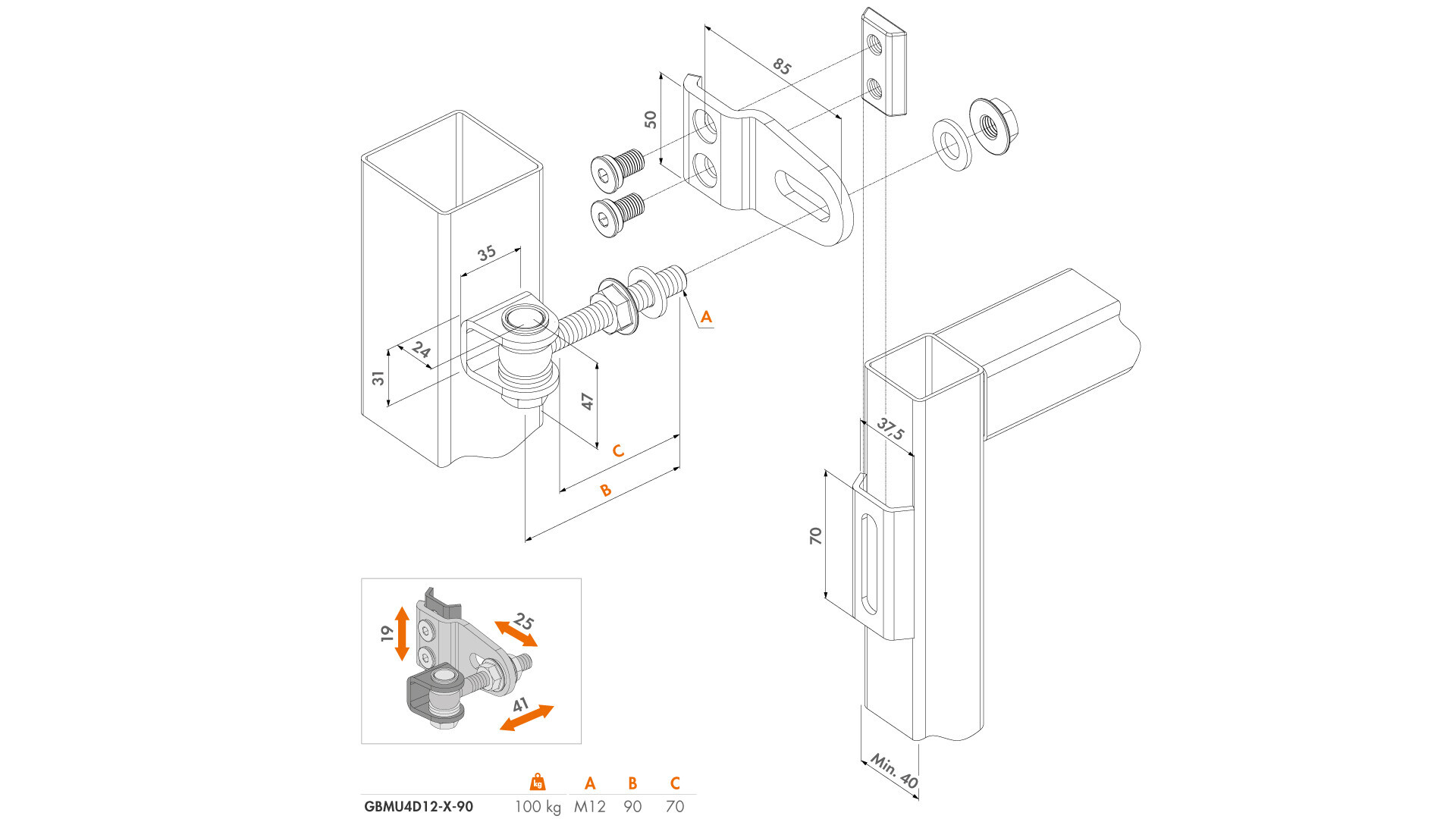 LOCINOX® GBMU4D12 Navařovací pant M12, otevíratelný 180°, nastavitelný 3D, pozink