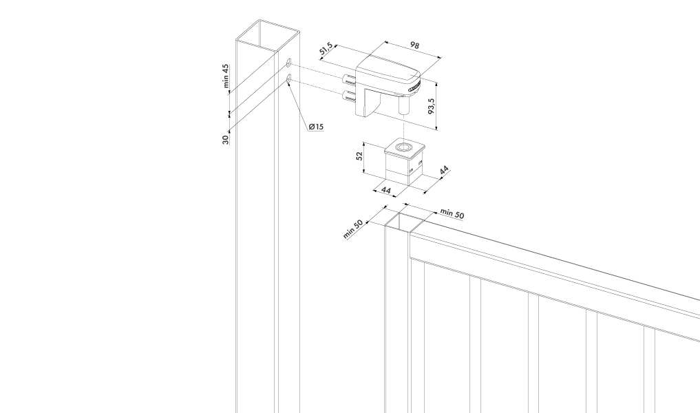 LOCINOX® INTERIO - zabudovaný hydraulický zavírač pro křídlové vrata do 150kg / 1,5m, otevíratelný do 125°