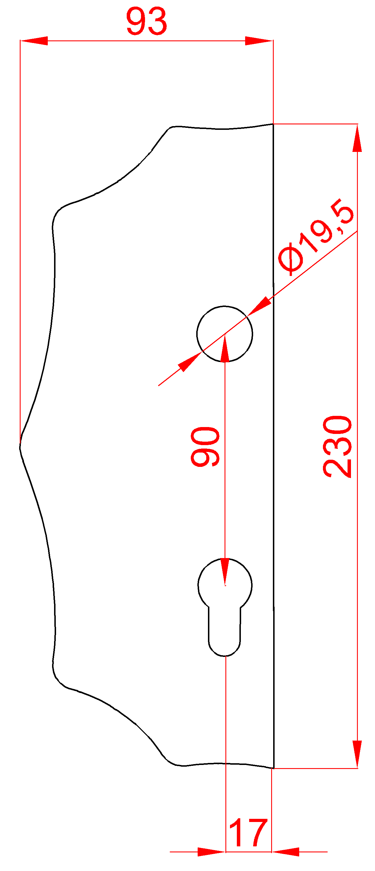 Štít 230x93x3mm s otvory, rozteč 90mm, otvor pro kliku ø 19,5mm, zdobený, levý, pro zámek ZM90/80