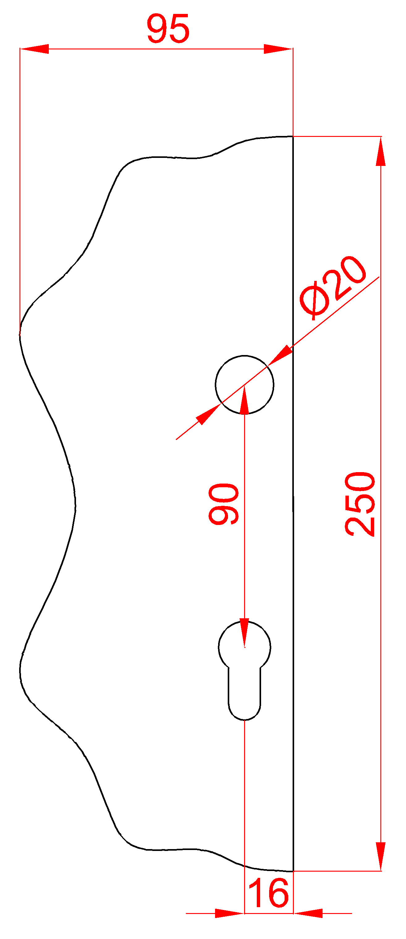 Štít s 250x95x3mm s otvory, rozteč 90mm, otvor pro kliku ø 19,5mm, zdobený, levý