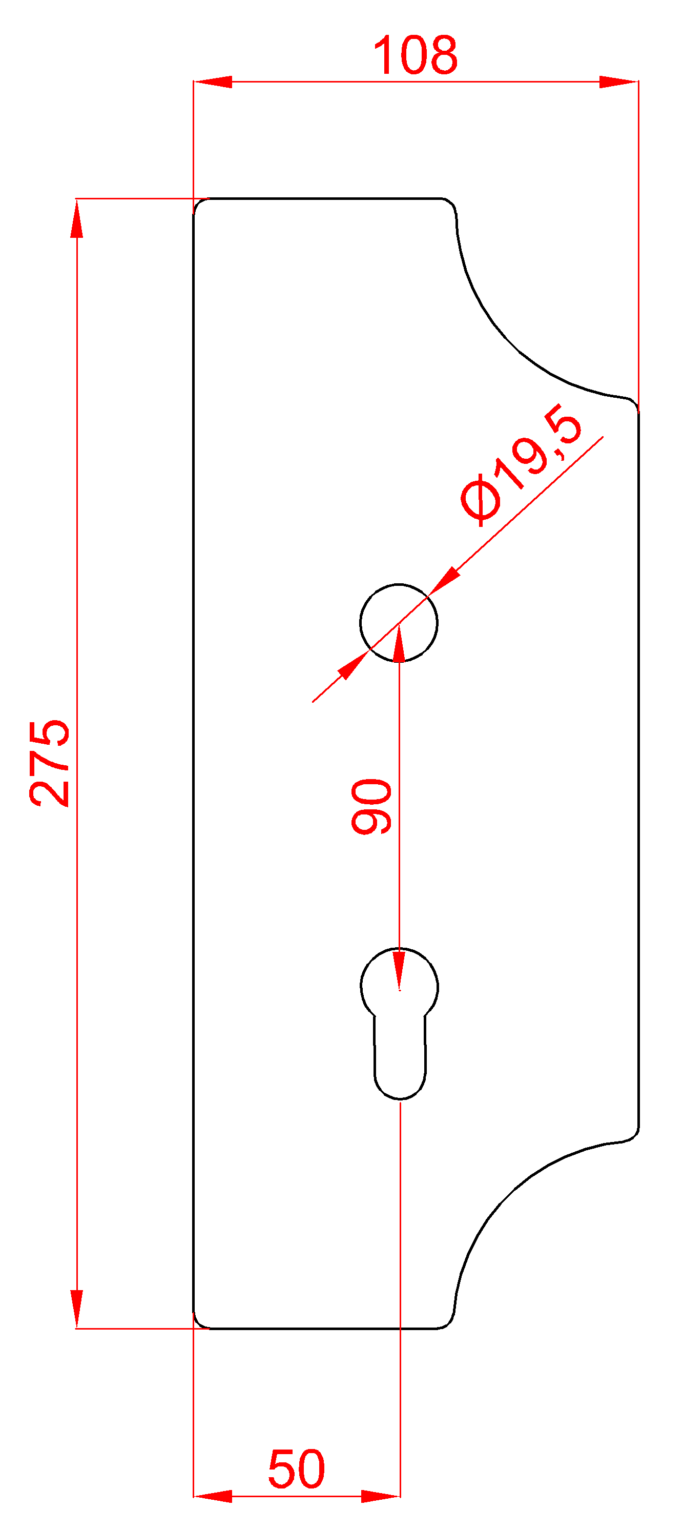 DOPRODEJ! Štít 275x108x3mm s otvory, rozteč 90mm, otvor pro kliku ø 19,5mm, pravý, pro zámek ZM90/80