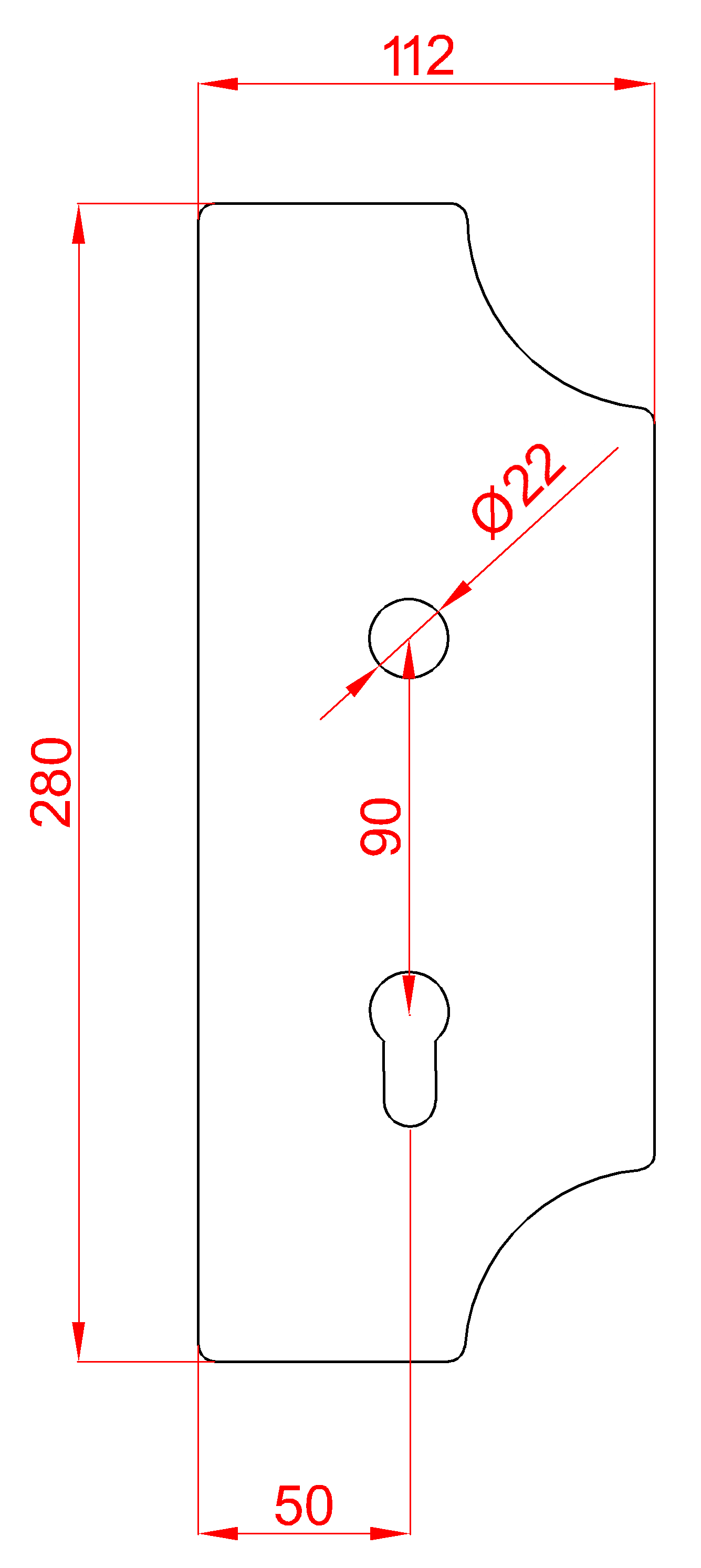 DOPRODEJ! Štítek s otvory na dveře-kovaný 280x112x3mm, rozteč 90mm, díra ø22 mm, pravý
