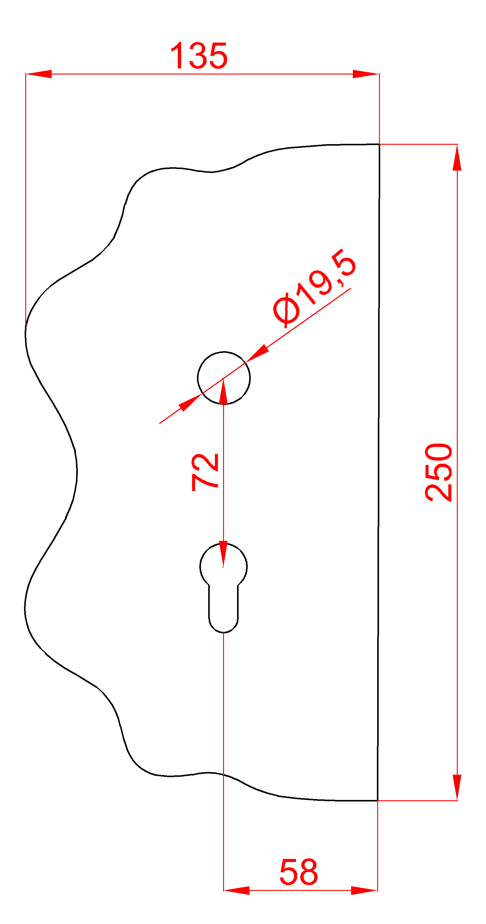 Štít 250x135x3mm s otvory, rozteč 72mm, otvor pro kliku ø 19,5mm zdobený, levý, pro zámek ZMH331