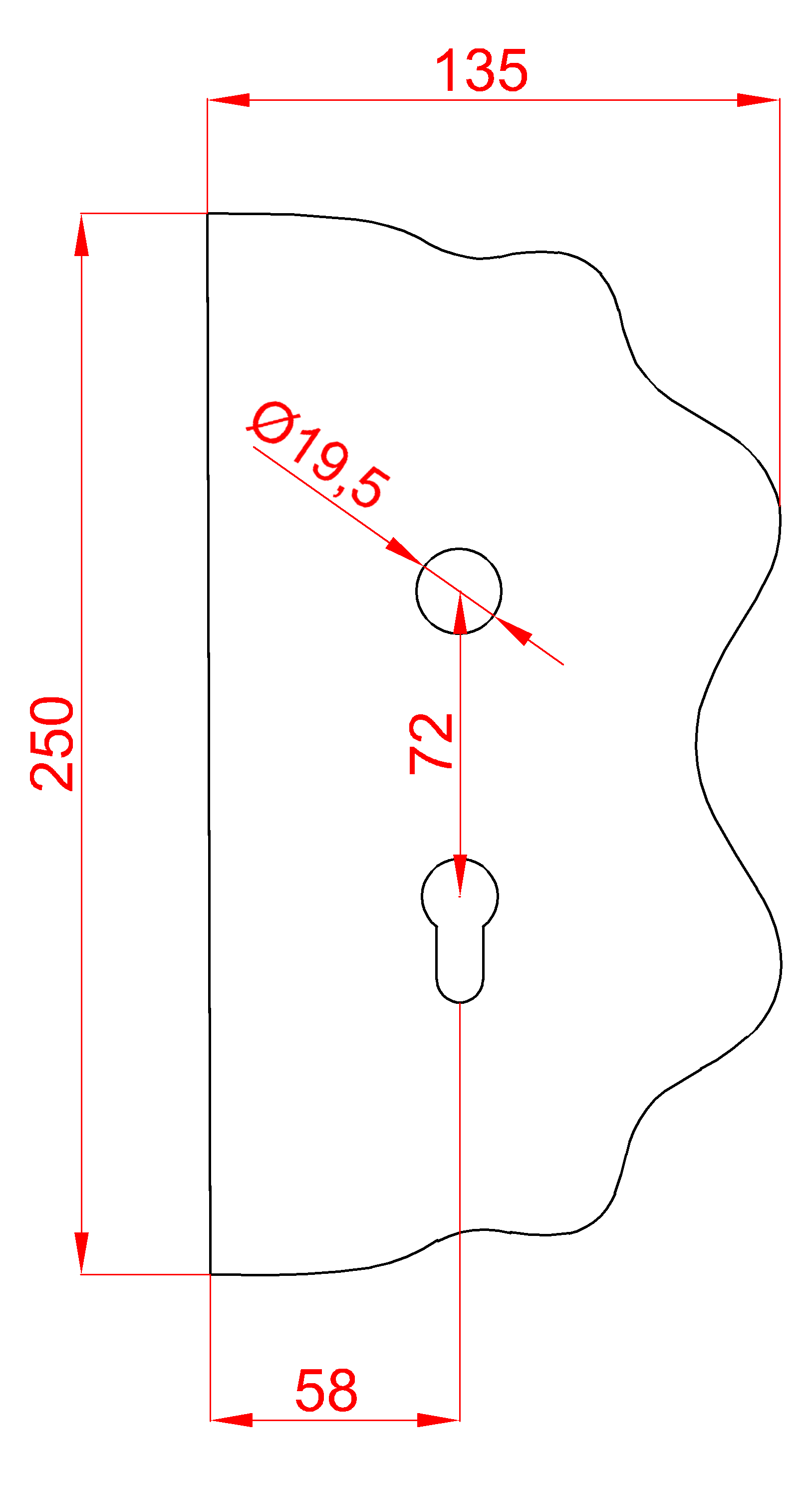 Štít 250x135x3mm s otvory, rozteč 72mm, otvor pro kliku ø 19,5mm, zdobený, pravý, pro zámek ZMH331