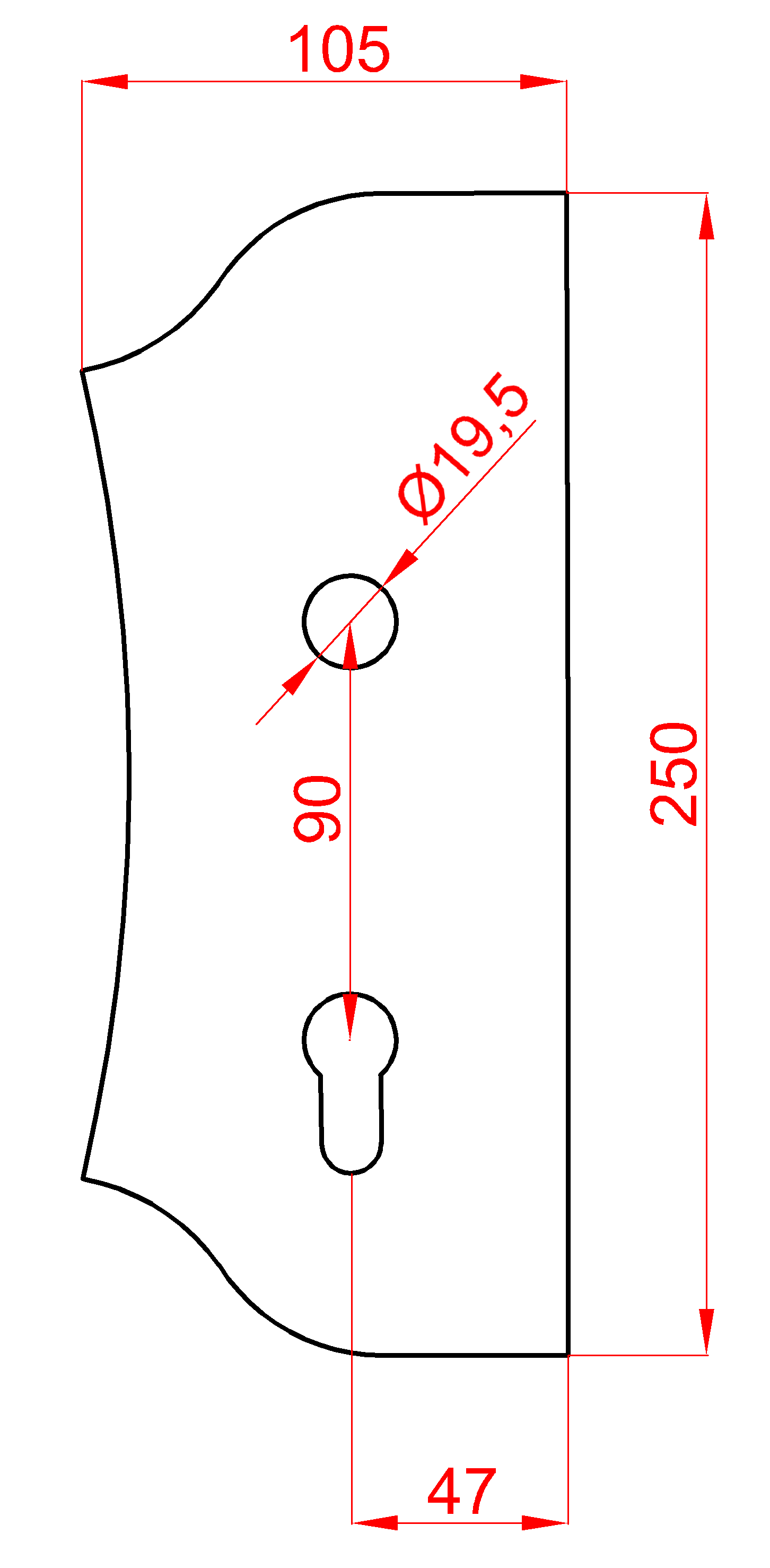 Štít 250x104x3mm s otvory, otvor pro kliku ø 19,5mm, hladký, oboustranný (levý i pravý), pro zámek ZM90/80