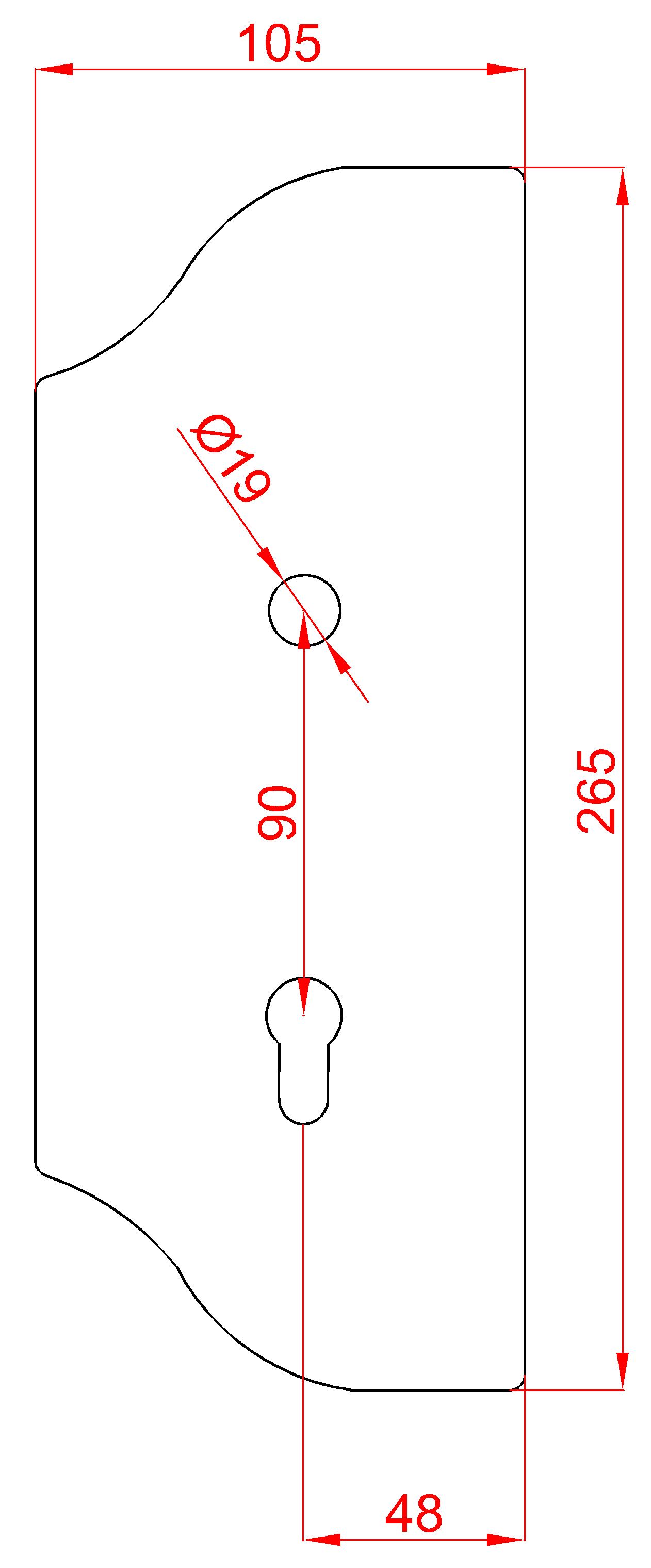 Štít 265x105x3mm s otvory, rozteč 90mm, otvor pro kliku ø 19mm, zdobený, levý, pro zámek ZM90/80