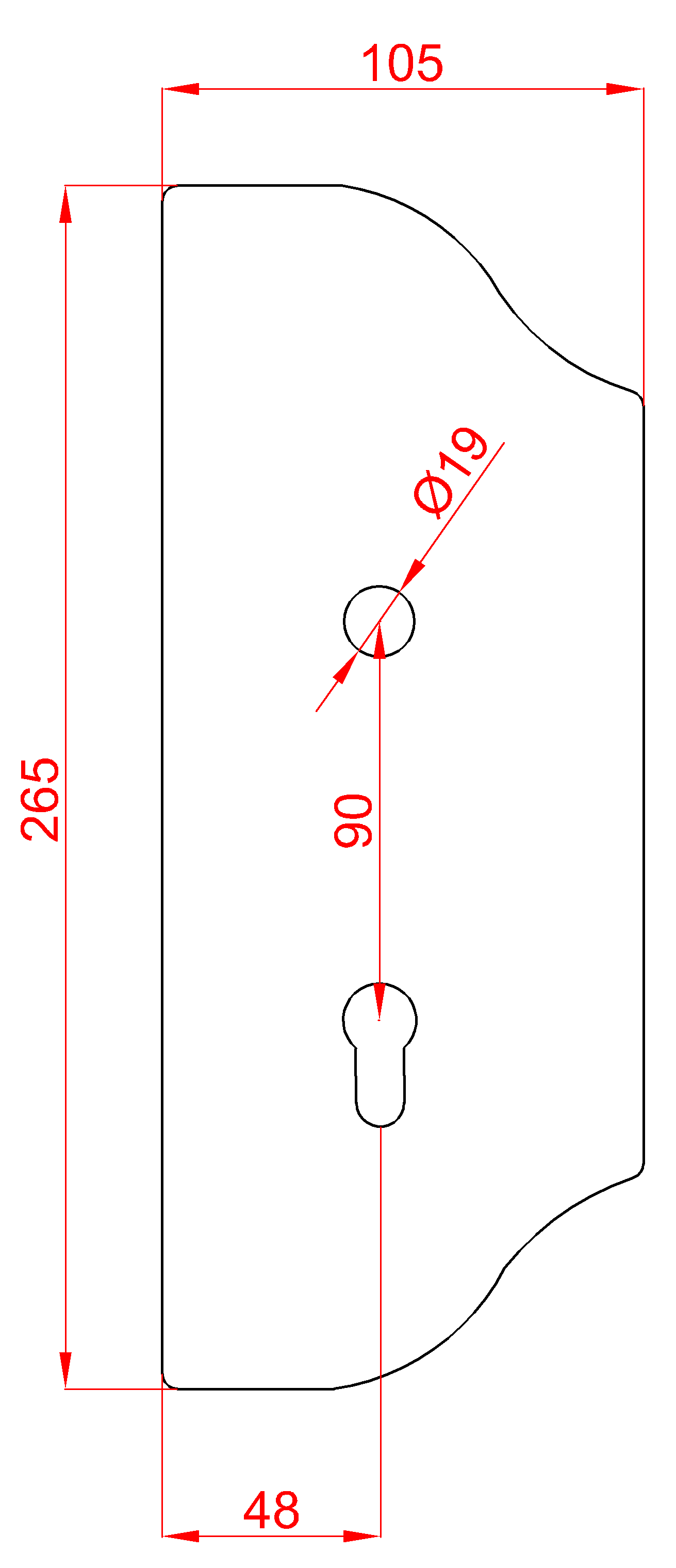 Štít 265x105x3mm s otvory, rozteč 90mm, otvor na kliku ø 19mm, zdobený, pravý, pro zámek ZM90/80