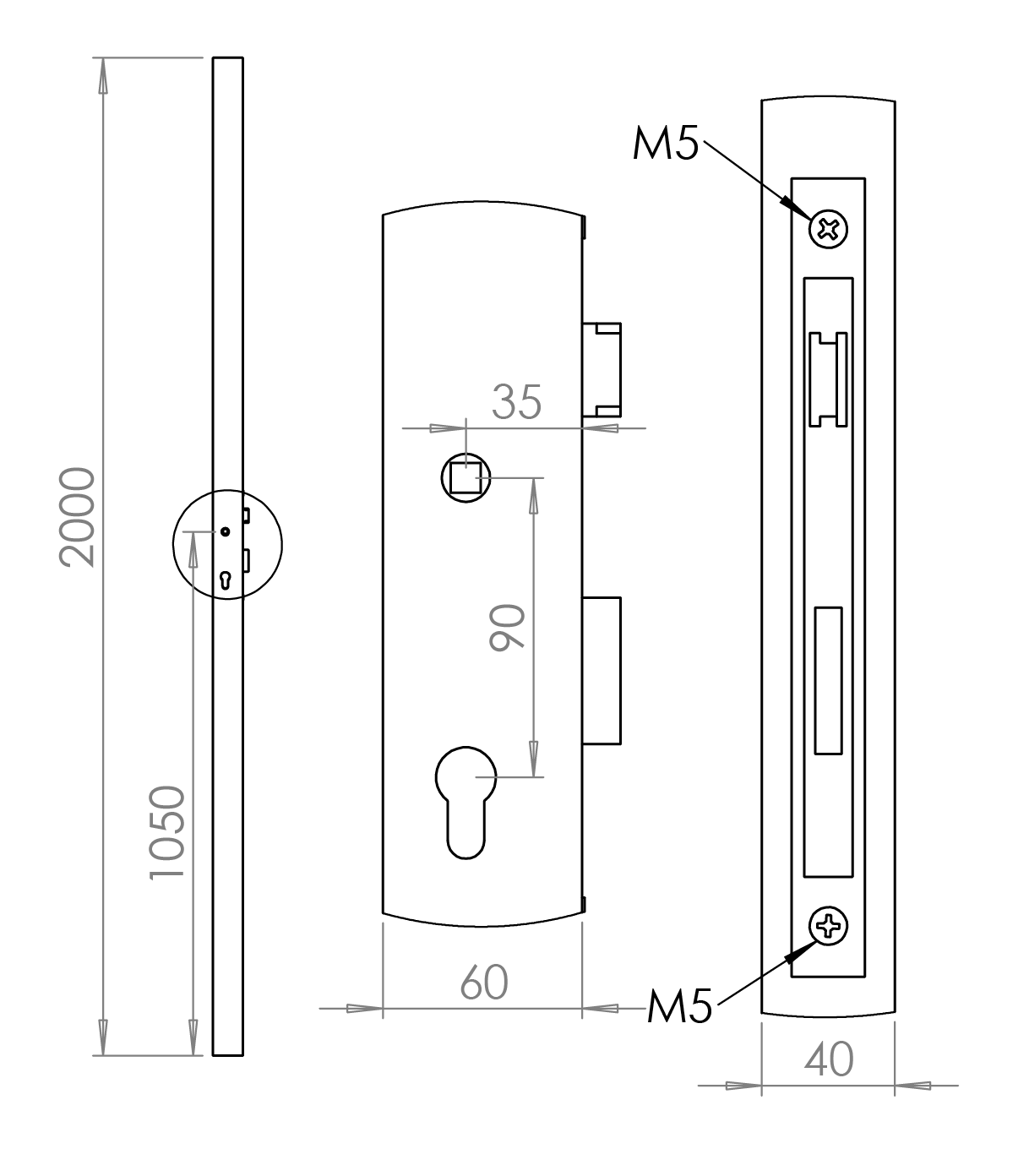 Profil 60x40x2mm H-2000mm se zámkem ZM90/50H, levý