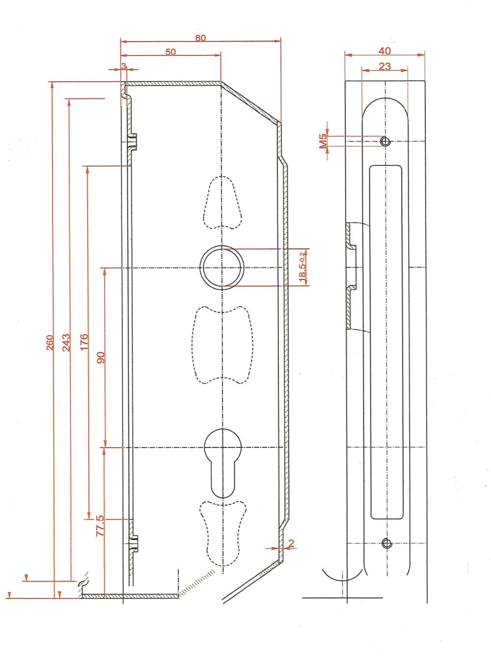 Kazeta se zámkem 260x80x40mm, na jekl 40x30mm, rozteč 90 mm